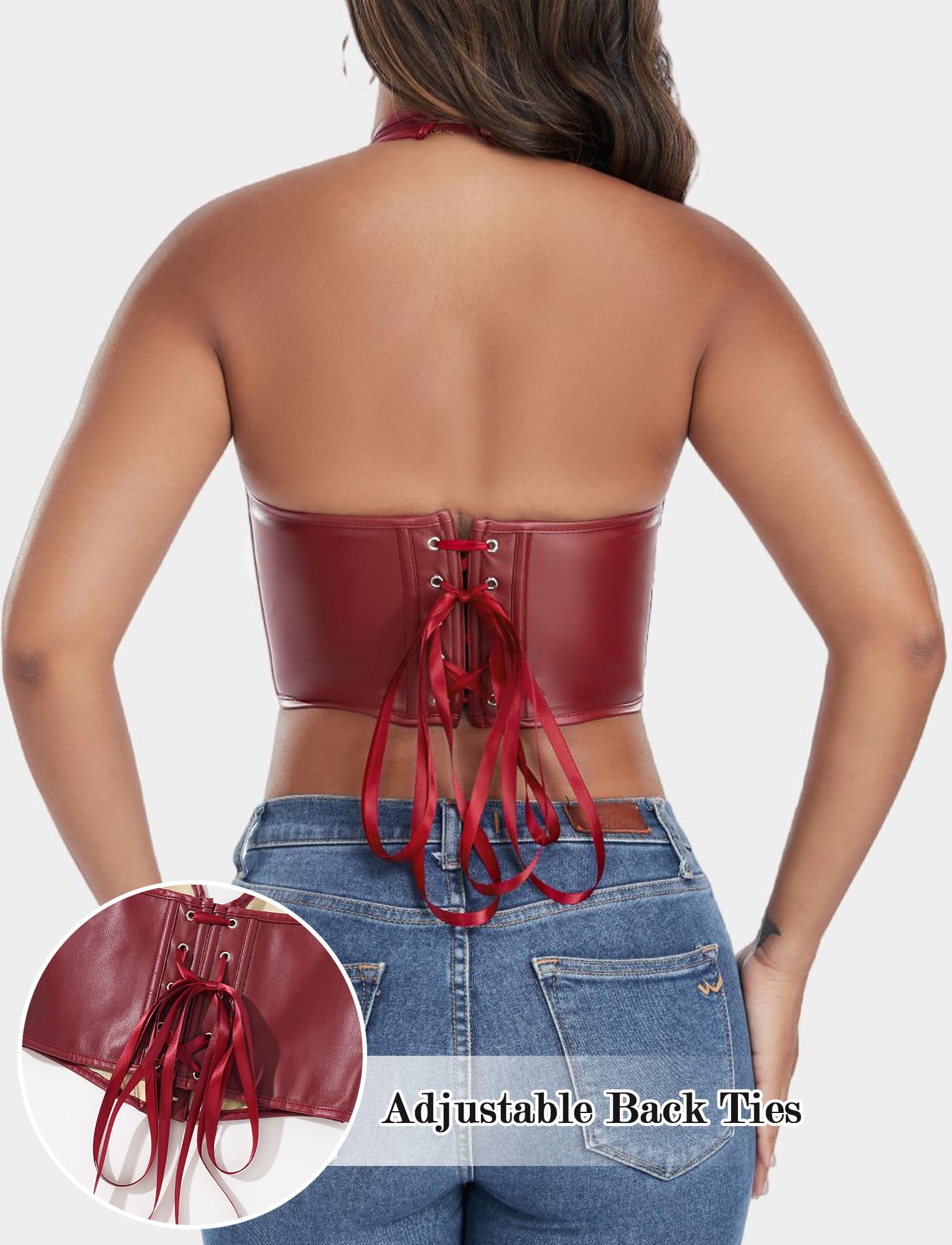 FEOYA Top de piel sintética para mujer, sexy, cuello halter Y2k, con cordones para arriba, vendaje cruzado, ojales, corsé, camisola, clubwear