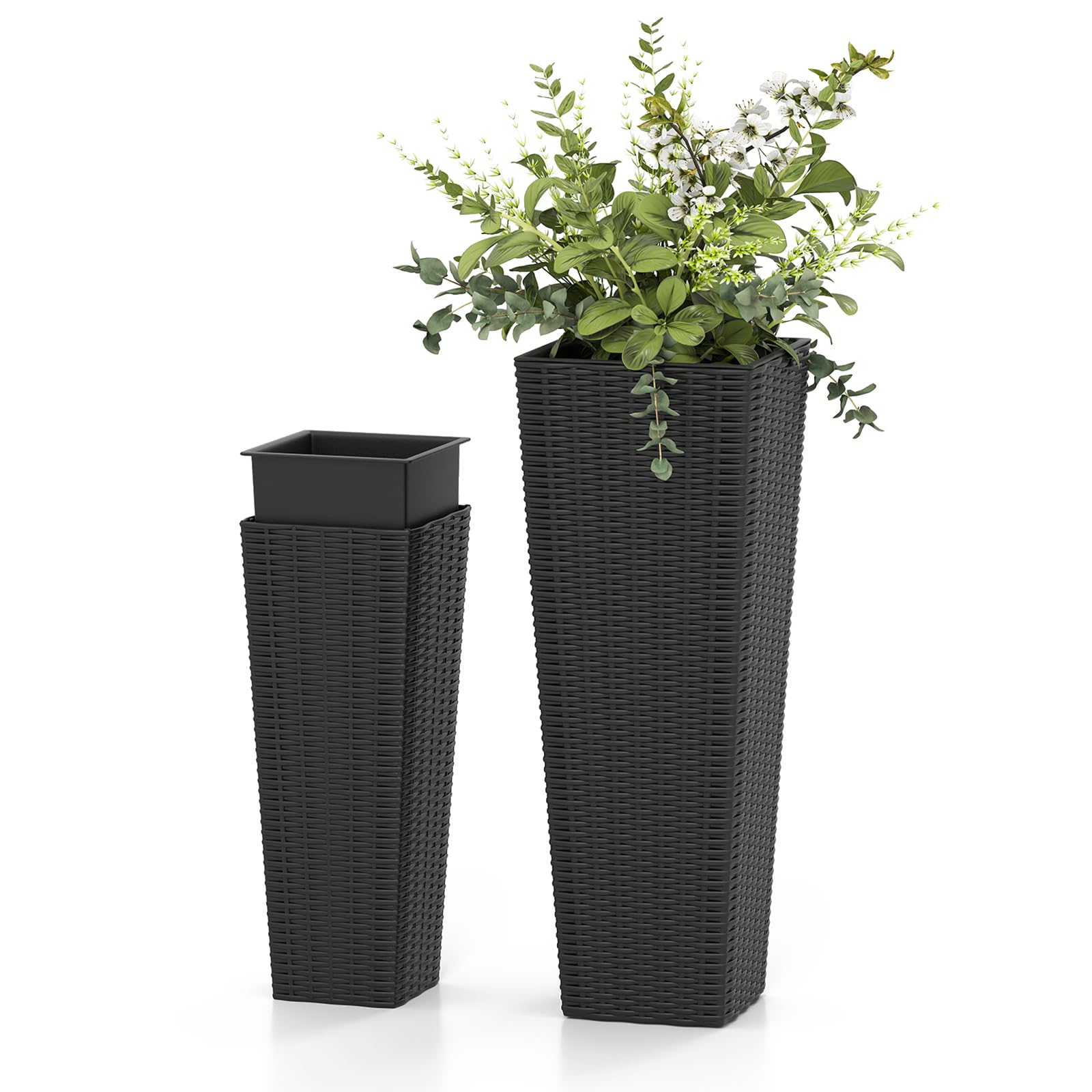 TANGZON Square Planter Set of 2, Tall Flower Pots with Drainage Holes & Removable Inner Container, Indoor Outdoor Flower Plant Pot Garden Decor (60 cm + 82cm Tall, Rattan Pattern)
