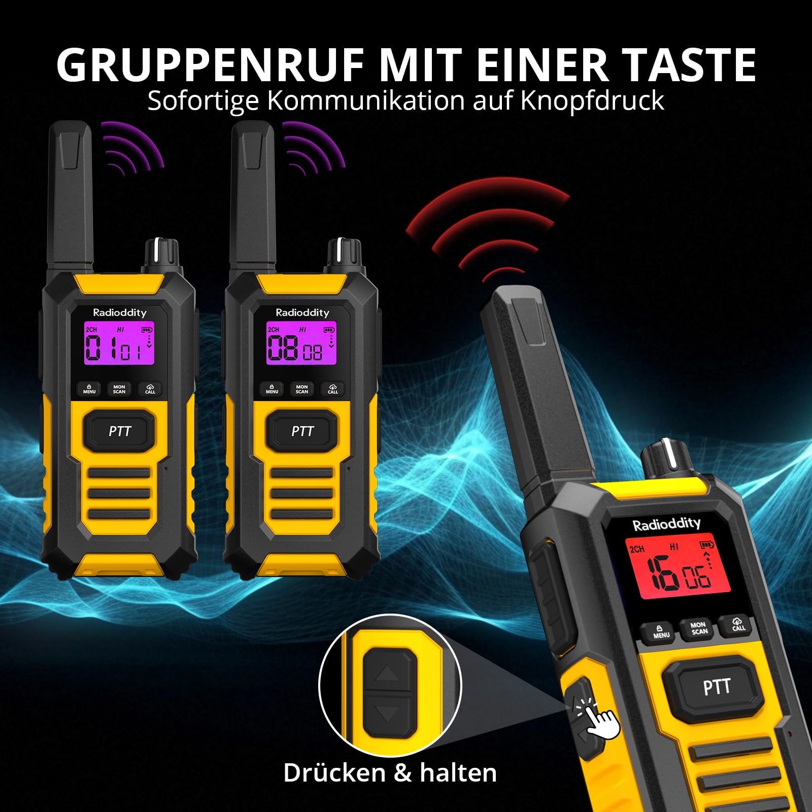 Radioddity HD-1 Funkgerät Set, Walkie Talkie wasserdicht IP67, Robuste PMR, staubdicht stoßfest mit EIN-Tasten-Gruppenruf, Vibrationsalarm, SOS, Dual PTT, Basis- und USB-C-Ladung (2 Stück, gelb)