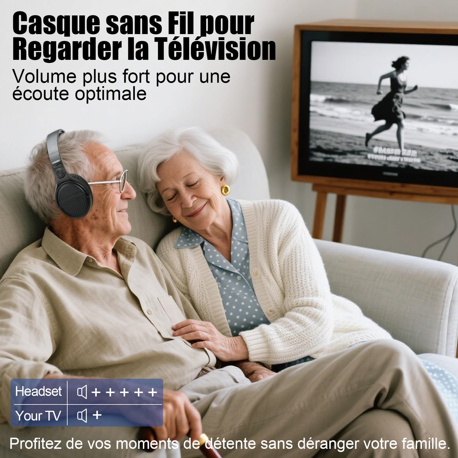 Casque TV sans Fil avec Base de Recharge, Casque sans Fil pour Regarder la Télévision, Gros Boutons de ContrôLe du Volume et Amplification du Son pour Les Personnes âGéEs, Casque LéGer et Confortable
