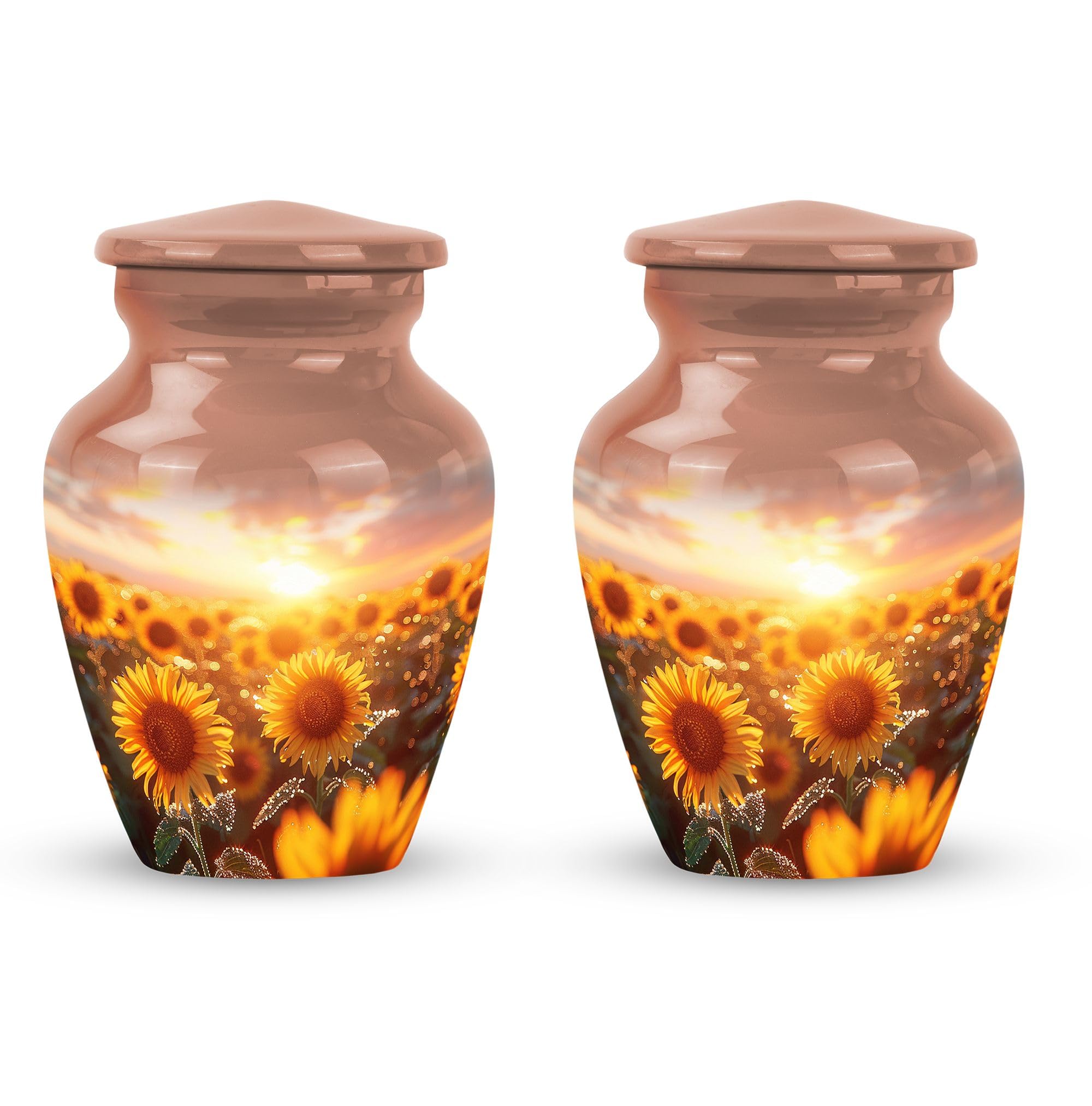 SUBSH Sunflower Twilight Keepsake Urns for Adults - Set of 2 - Aluminium Decorative Urns for Human Ashes - Threaded Lid - Funeral Memorial for Human Remains