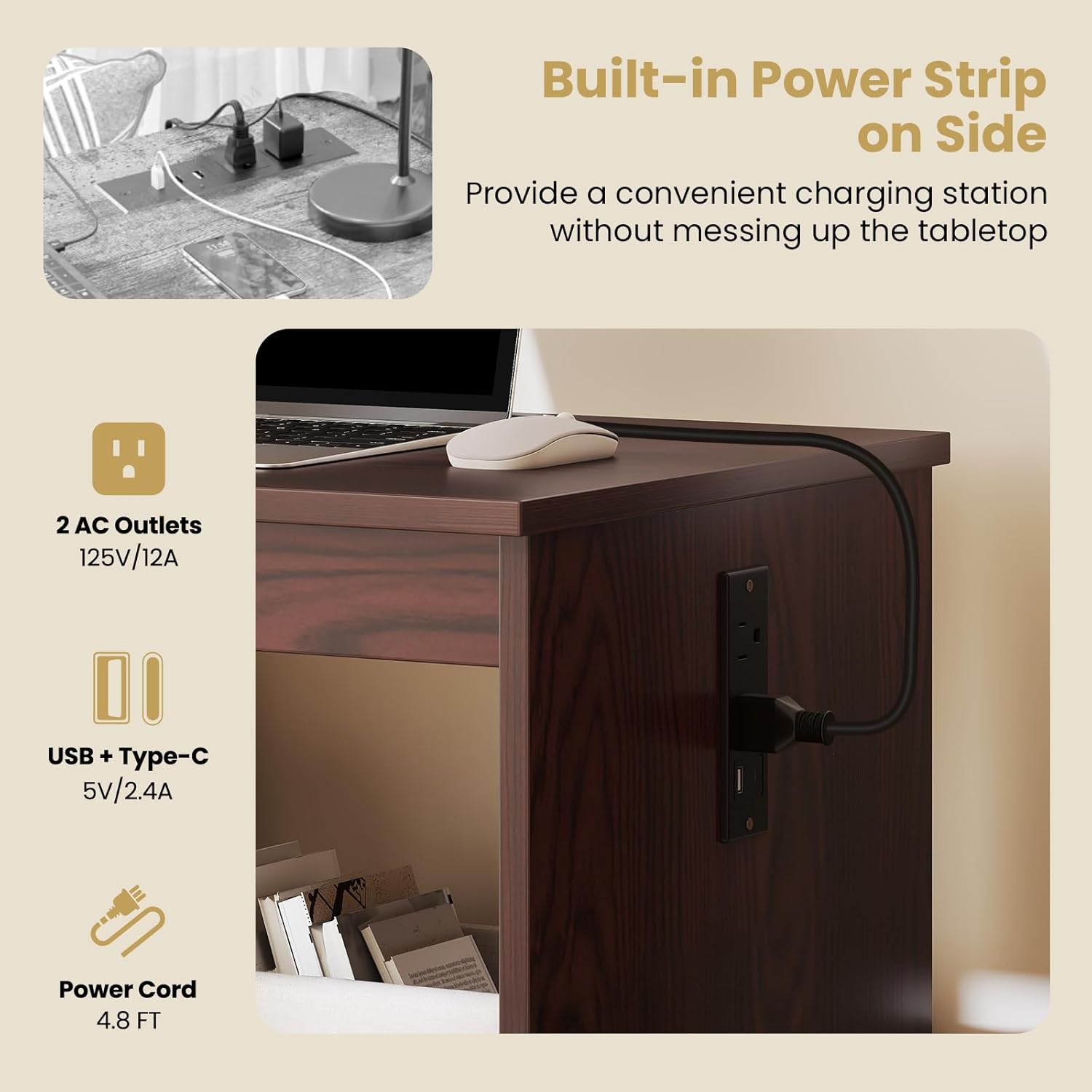 Giantex Folding Sewing Table with Storage, 3 Side Trays & Open Shelf, Built-in Charging Station, Mobile Craft Desk with Lockable Wheels, Space-Saving Sewing Machine Table for Home, Dorms, Espresso