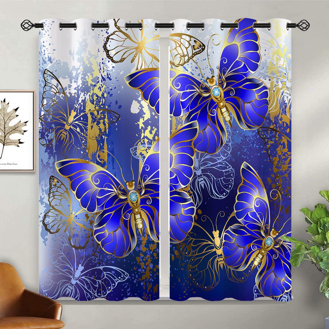 ONINUO Butterfly Blackout Curtains for Girls Boy Home Decor, Blue Fantasy Romantic Butterflies Grommet Thermal Insulated Drapes Darkening Window