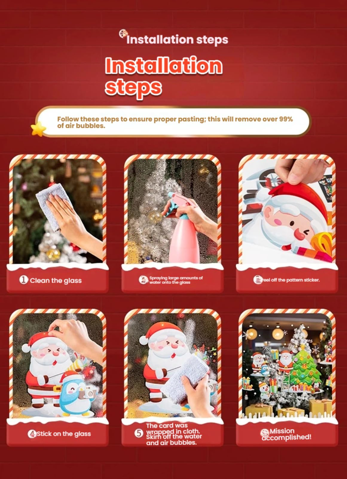 Adesivi per finestre a tema natalizio con motivi di fiocchi di neve e alberi di Natale per decorare vetri per finestre, pareti e rivestimenti.