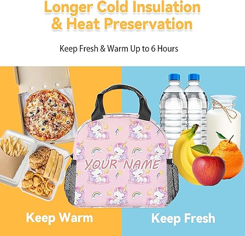 Miniatura 6 de Lonchera personalizada de unicornio para niñas, bolsas de almuerzo reutilizables aisladas congelables - Pequeña lonchera rosa linda para niños -