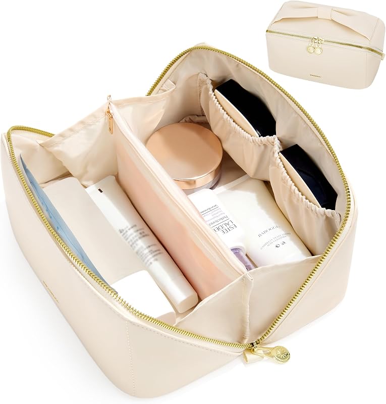 Necessaire de maquiagem SHOWKOO com abertura ampla, compartimentos e 2 bolsas removíveis, Bege