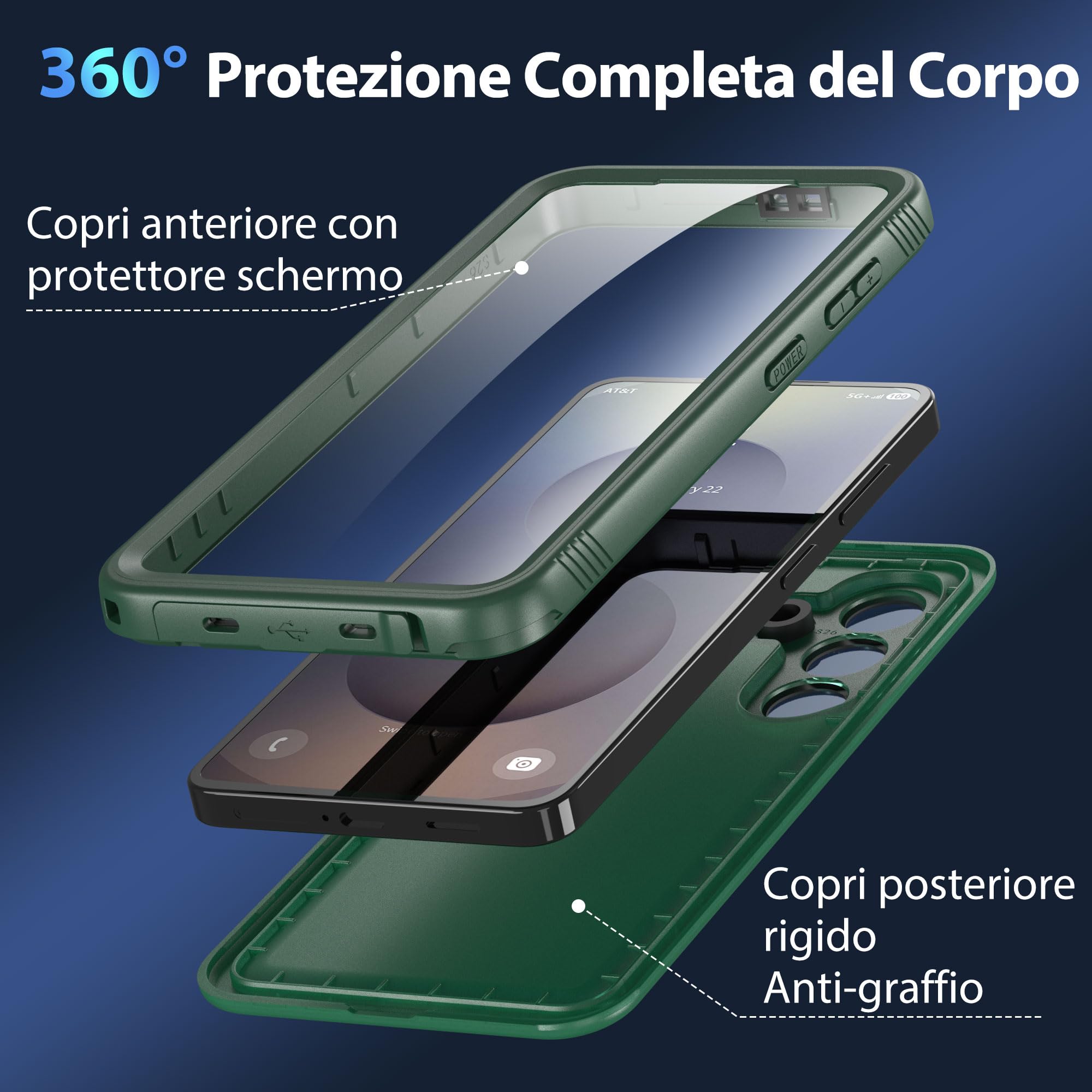 SPORTLINK Cover per Samsung Galaxy S26 Impermeabile Antiurto, Verde | 360 Gradi Full Body Armor Militare Protettiva Custodia Antipolvere Subacquea IP68 con Fotocamera/Schermo Doppia Protezione