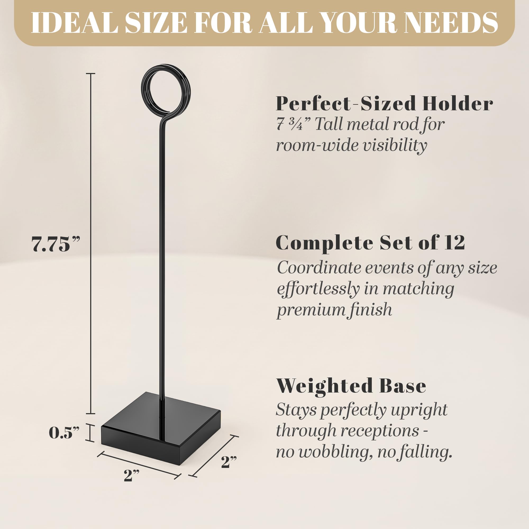 Set di 12 segnaposto alti neri per tavoli di nozze, lussuosi porta biglietti da tavolo in acrilico con base quadrata ponderata da 5,1 cm, 19,7 cm, per foto, cartelli e centrotavola (nero)
