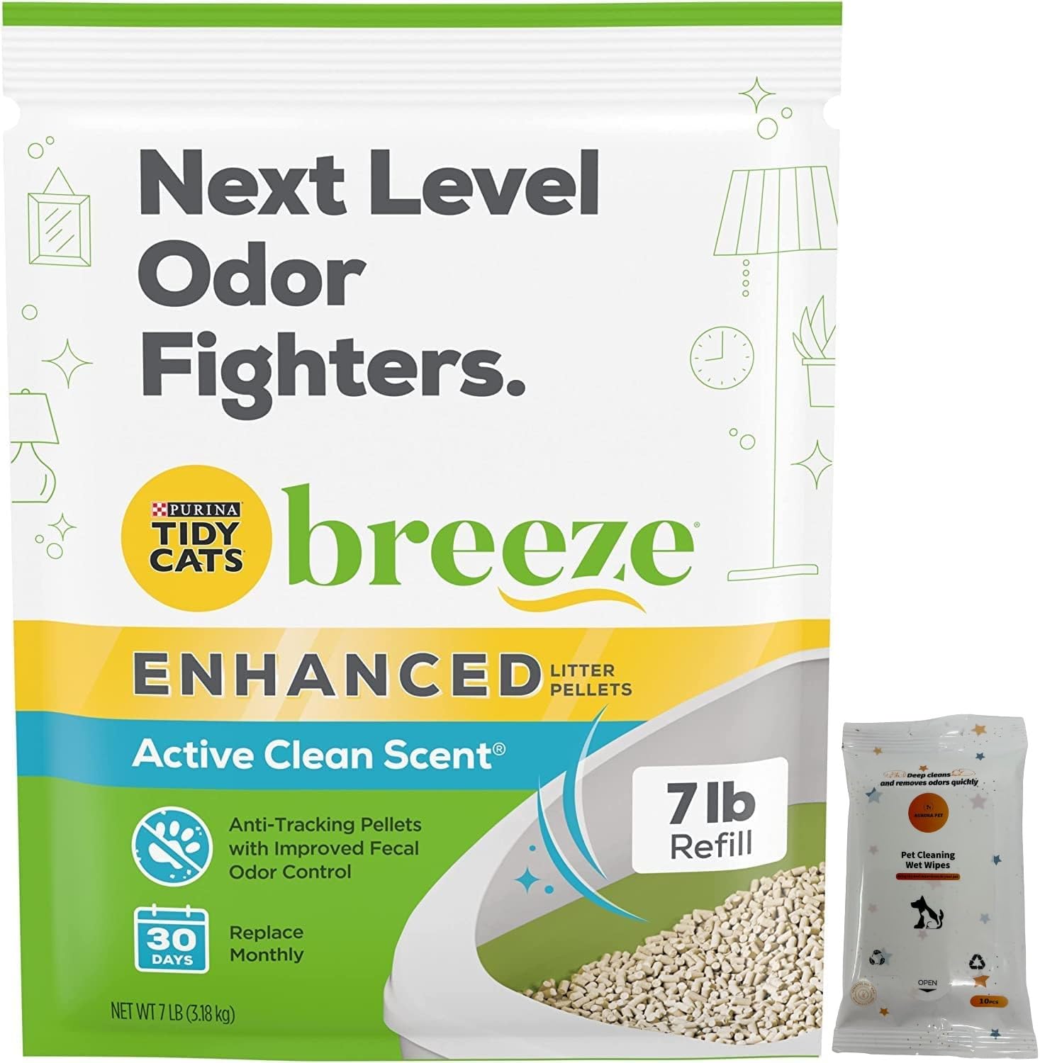 Tidy Cats Breeze Enhanced Cat Litter Pellets - Active Clean Scent, Refill 7 lb with Aurora Pet Wipes
