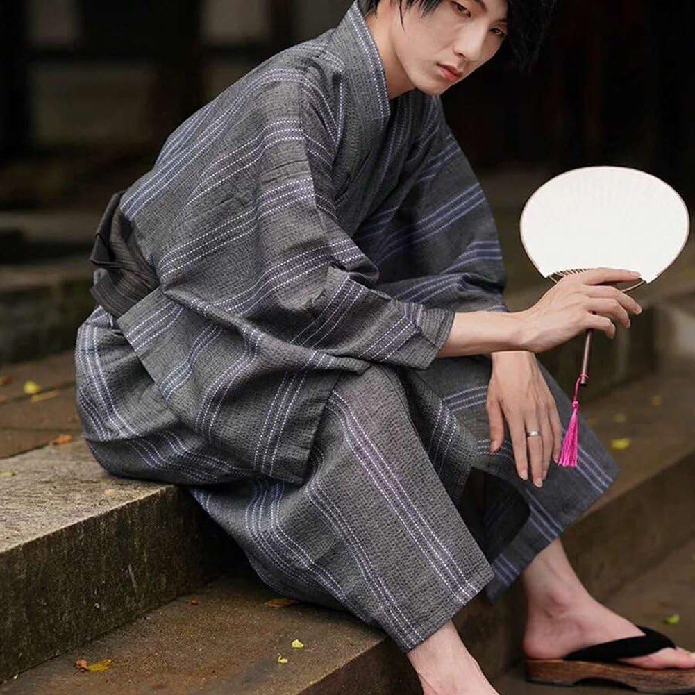 Japonés Tradicional Yukata Hombres Kimono Largo Yukata De Baño Suelta con Cinturón para Hogar Sauna Cosplay