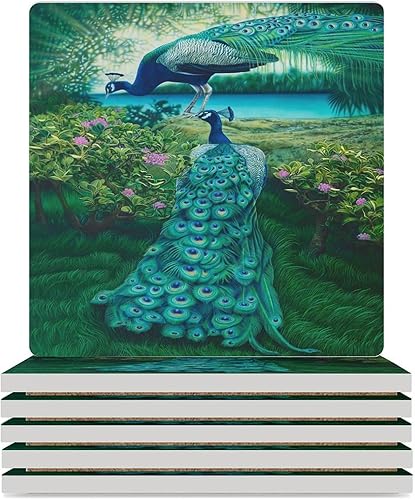 Miniatura 70 de Square-4 posavasos de cerámica de pavo real, posavasos cuadrados absorbentes para bebidas, estilo vintage de acuarela floral, hermosos posavasos