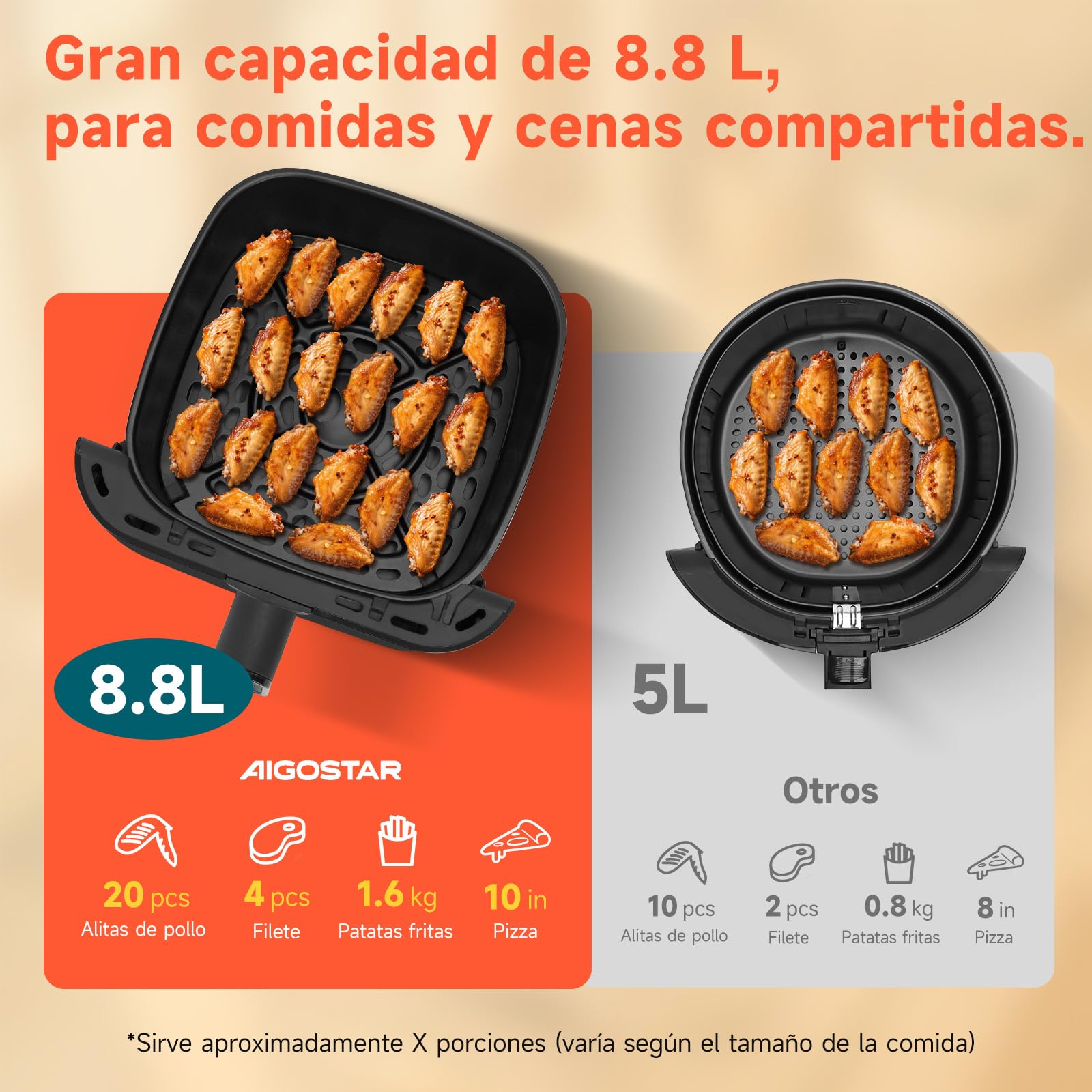 Aigostar Freidora de Aire XXL 8.8L Air Fryer 2200W, Doble Resistencia, 55% Menos Energía, Air Fryer con 13 Programas, Acero Inox Interior, Pantalla Táctil y Ventana, Comunidad Recetas, Negro