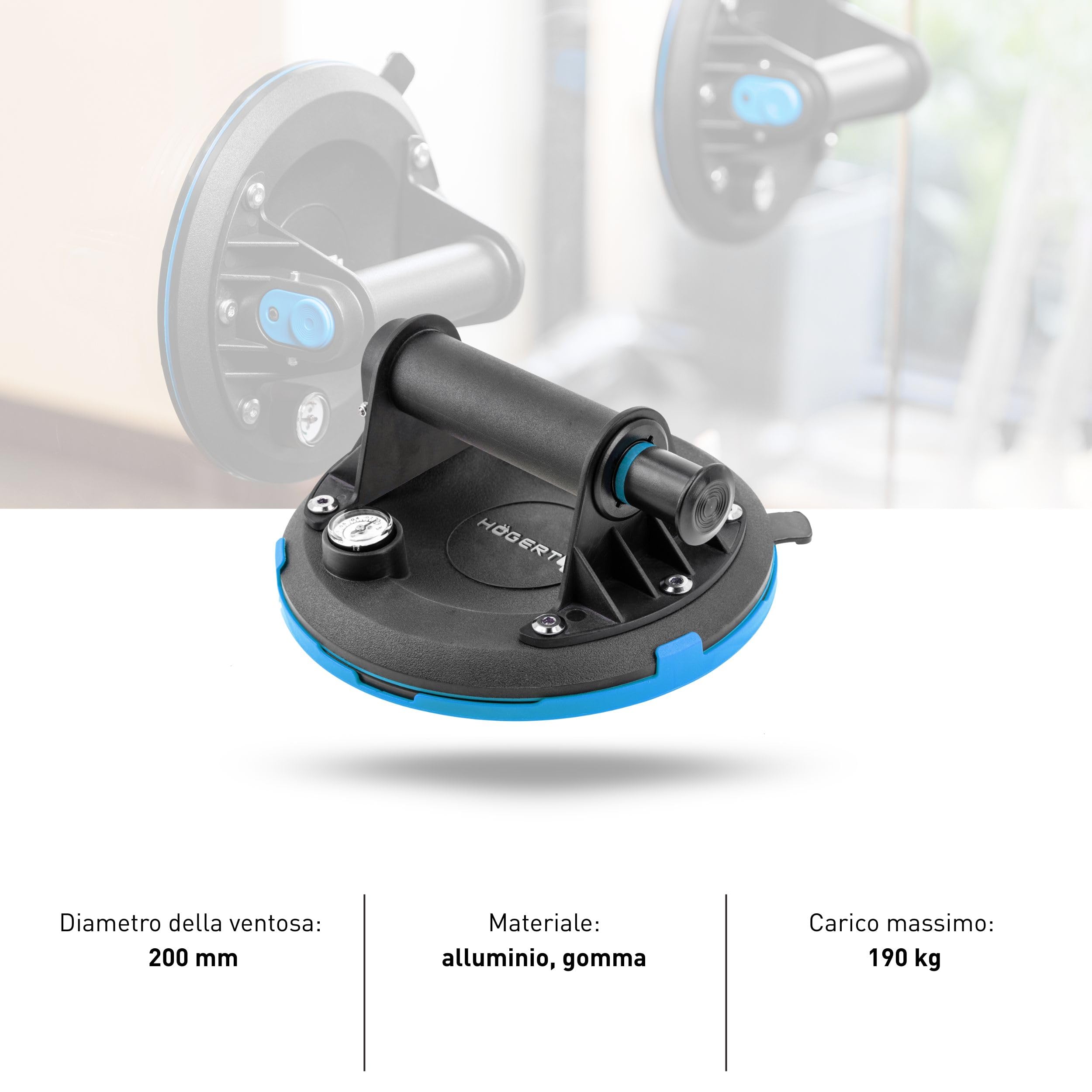 Högert Technik - Tazza a mano da 200 mm con manometro | Carico massimo: 190 kg | Aspiratore manuale | Ventosa resistente | La ventosa viene utilizzata per il trasporto di vetri della finestra, oggetti