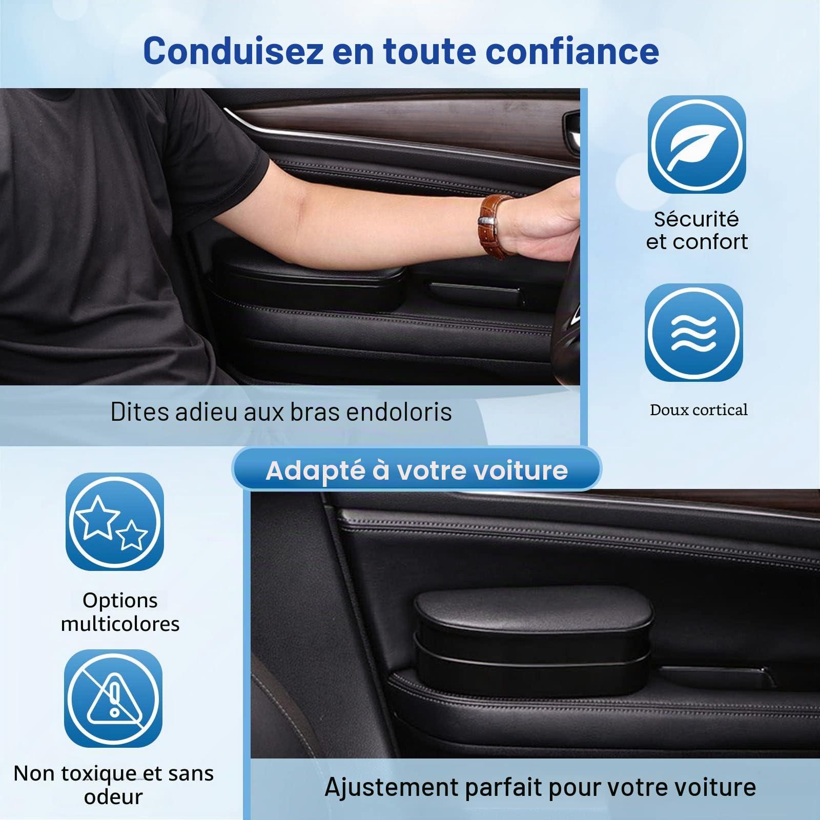 Accoudoir de Voiture Compatible avec VW T-Roc/Tiguan/Polo/Golf MK8/ T-Cross 2018-2023, Support de Coude, Boîte de Rangement, Coussins D'accoudoir de Porte Réglable en Hauteur (Noir)