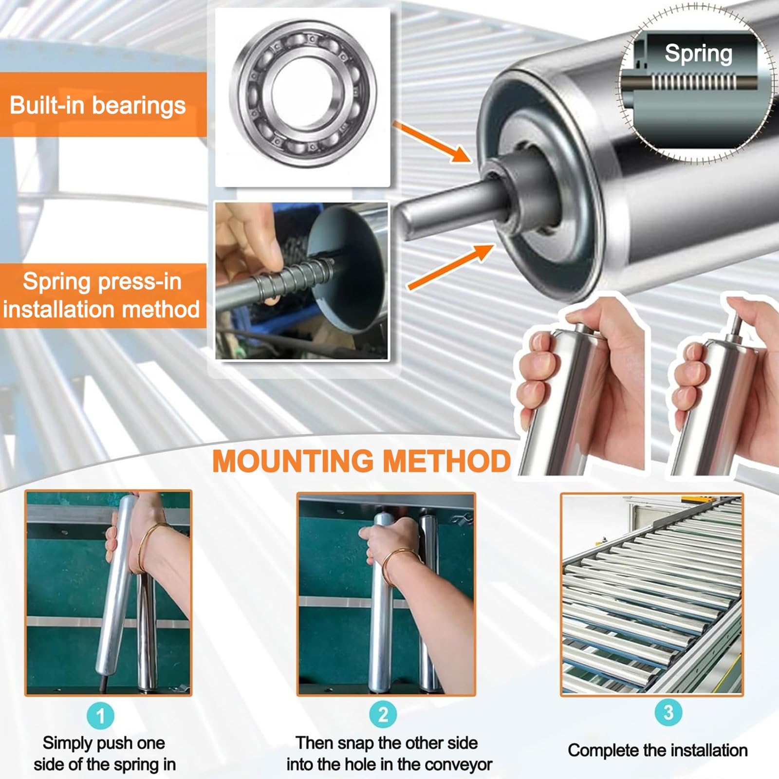 Set di 3 rotoli trasportatori in acciaio inox, 38 mm, per uso industriale, larghezza 350 mm, per fabbriche e centri di trasporto, materiale resistente per prestazioni ottimali