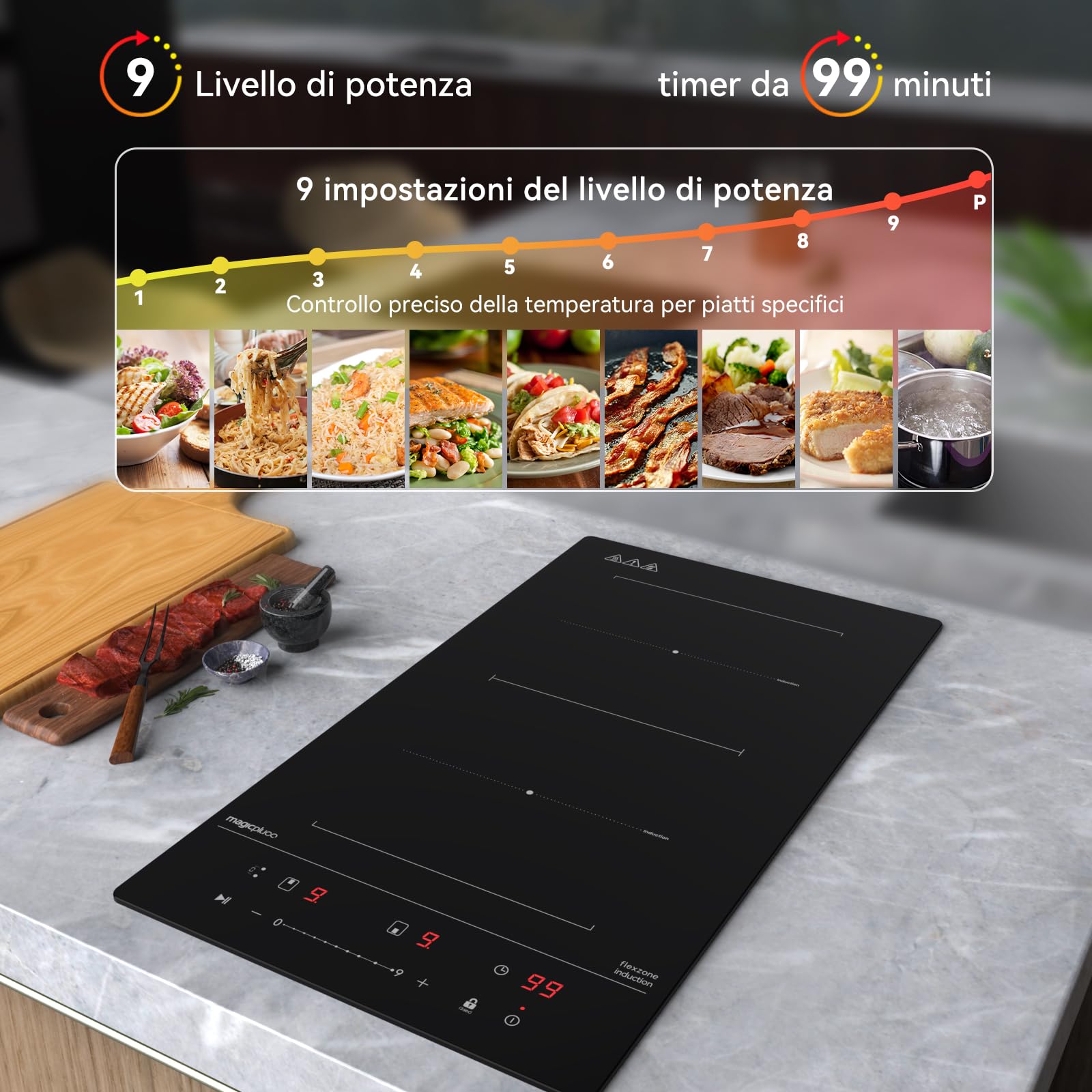 Piano Cottura A Induzione Magicplux 2 Fuochi - 3500W, Zona Flex, 9 Livelli Potenza, Timer E Sicurezza - Foto 6