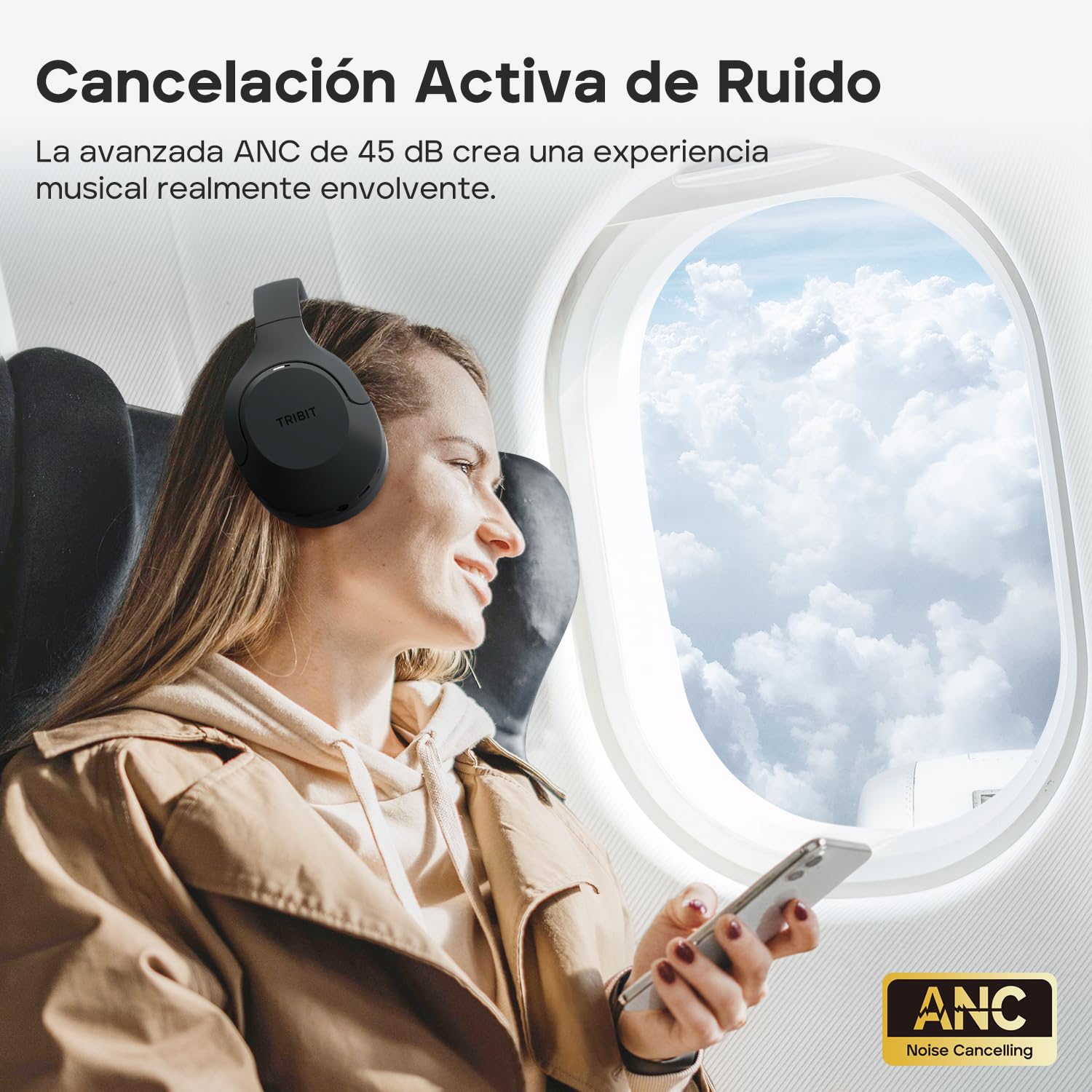 Tribit QuietPlus81 Auriculares inalámbricos Bluetooth, cancelación de Ruido | 110 horas, inalámbrico, BT 6.0, graves profundos, 6 EQ mediante app, plegable, cómodo, viajes, trabajo