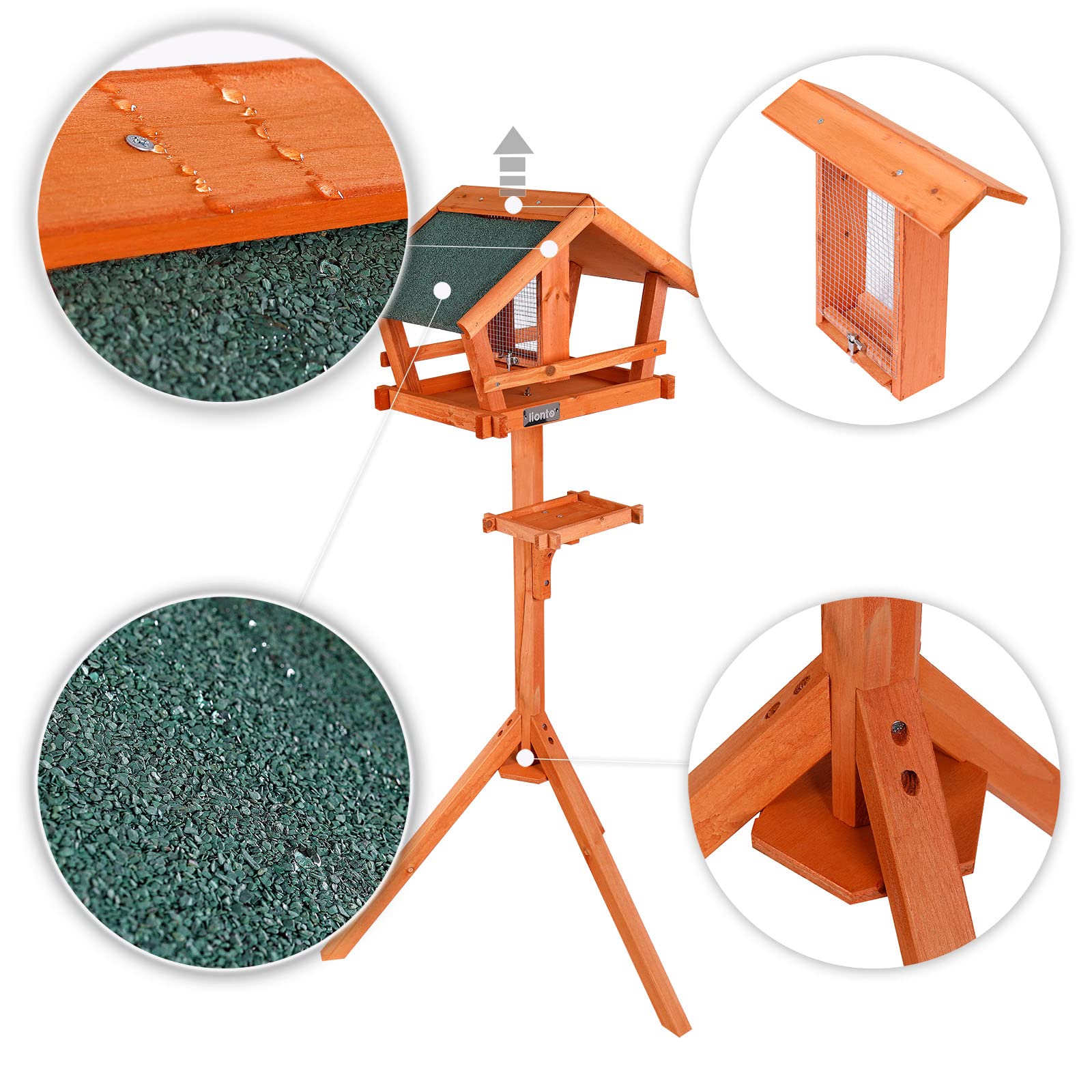 lionto Mangeoire pour Oiseaux en Bois avec Toit résistant, Support Stable, piquets et Bord Anti-gaspillage, idéale Toute l’année pour Jardin, terrasse ou Balcon