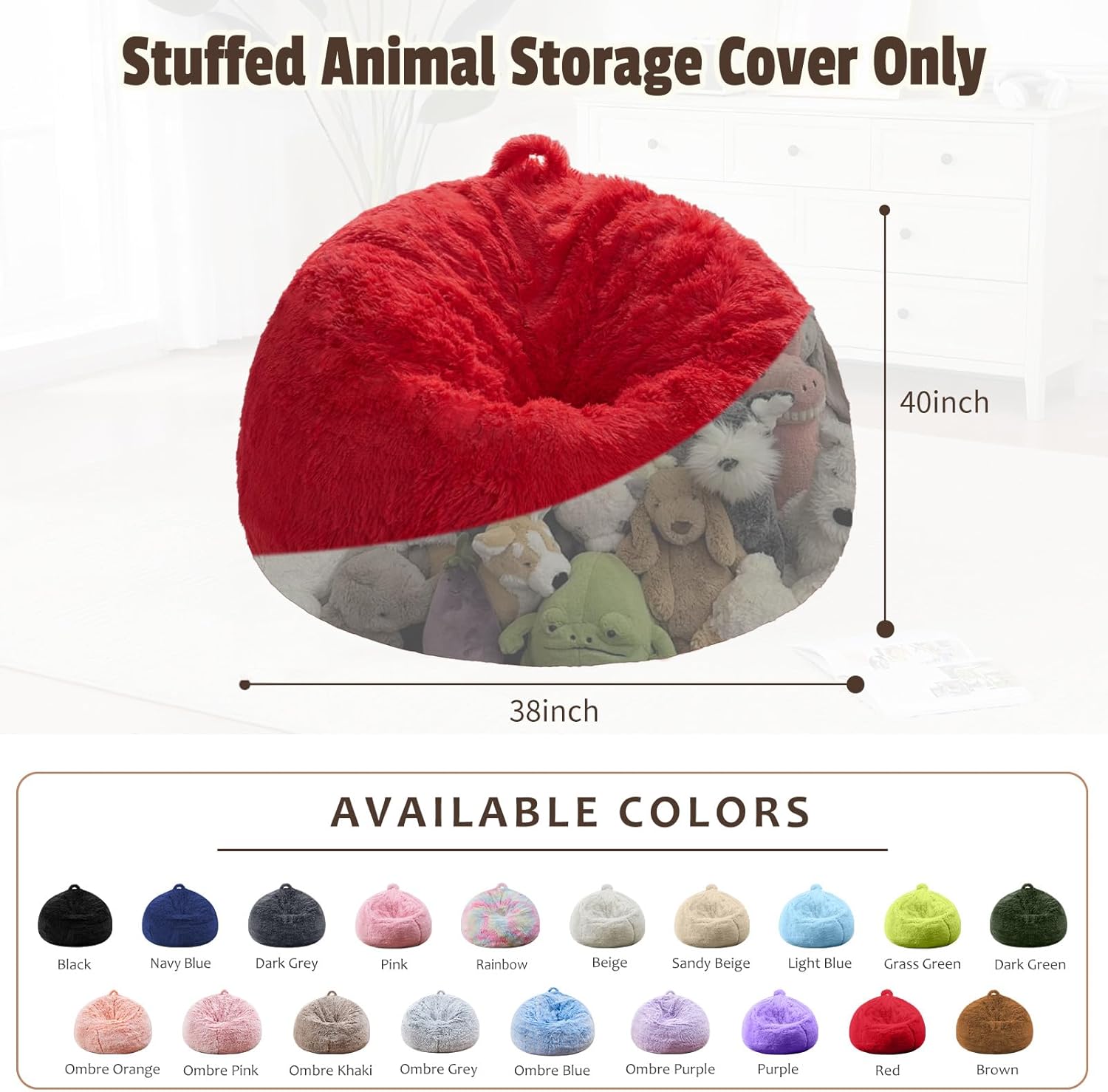 Bean Bag Cover (No Filler), Soft Faux Fur Stuffed Animal Bean Bag Storage, Fluffy Plush Bean Bag Chair Cover Washable, Comfy Bean Bag Covers for Adults Kids Teens, 38"x40" Red