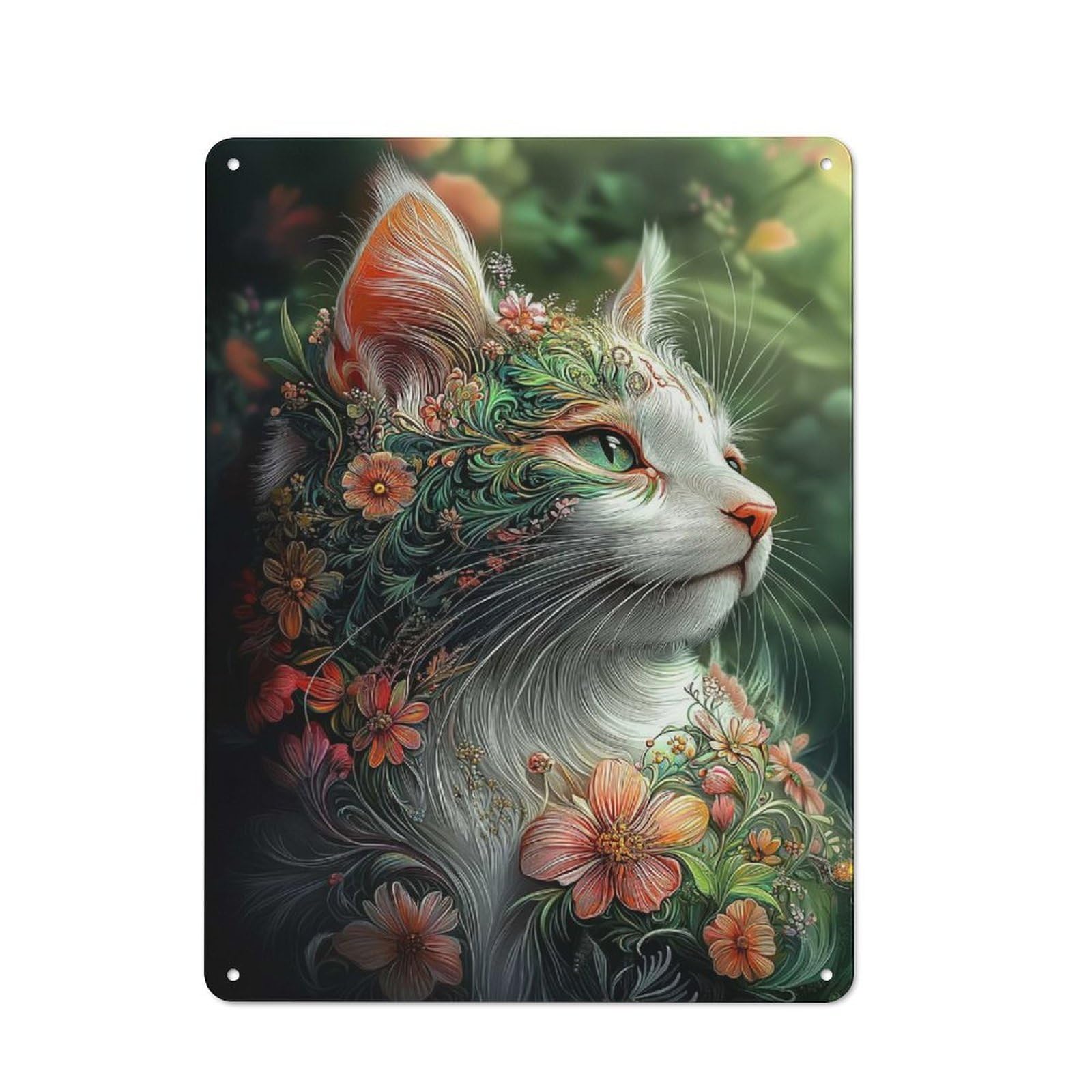 Junmoney Style Vintage Tin Sign 40X30cm With Flower Cat Fantasy For Garage Or Workshop, For Metal Sign Collectors, For Cafés, Pubs And Restaurants
