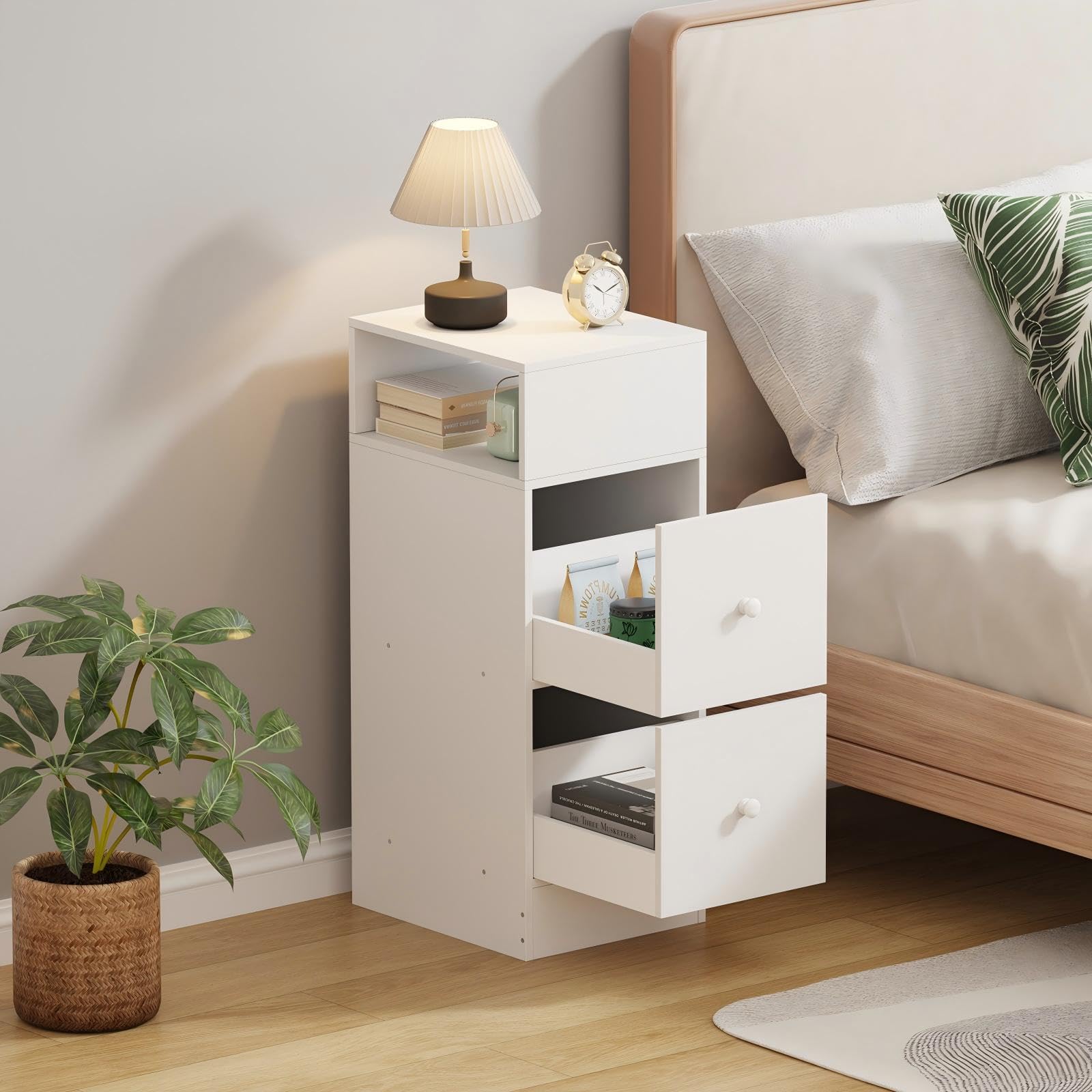 Slim Bedside Table with 2 Drawers & Open Shelf, Compact Wooden Lamp Table for Home Office, Narrow Nightstand Cabinet for Bedroom, Living Room Sofa Side End Table, White
