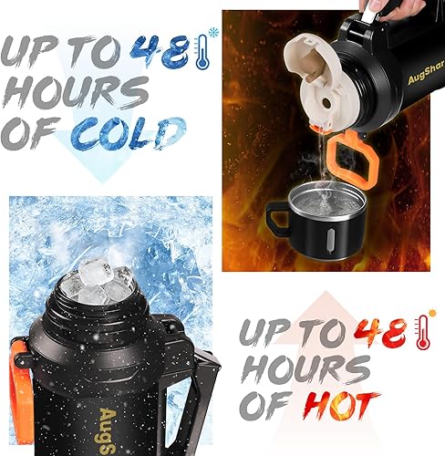 Miniatura 4 de Aspiradora grande de café de 67 onzas para viajes, botella de agua aislada de acero inoxidable con taza y mango plegable, frascos de agua a prueba