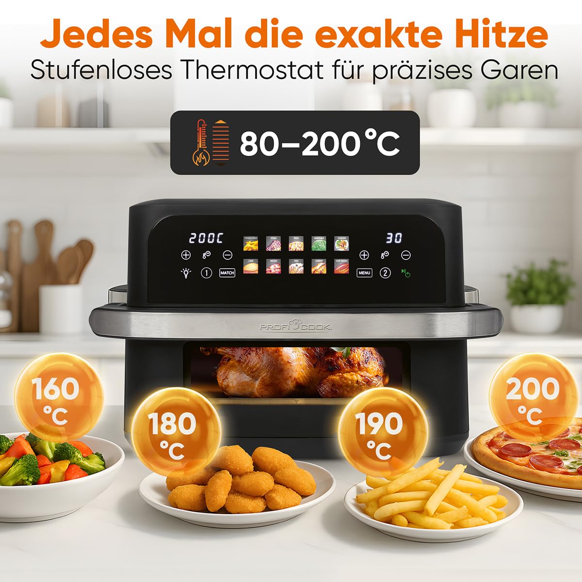 ProfiCook XXL heteluchtfriteuse | 10 l | Zonder olie en vet | Kleurrijk touchscreen | 2400 W Airfryer | Heteluchtfriteuse met 2 kamers | 10 programma's | 80-200 °C | Heteluchtfriteuse | PC FR 1313 H
