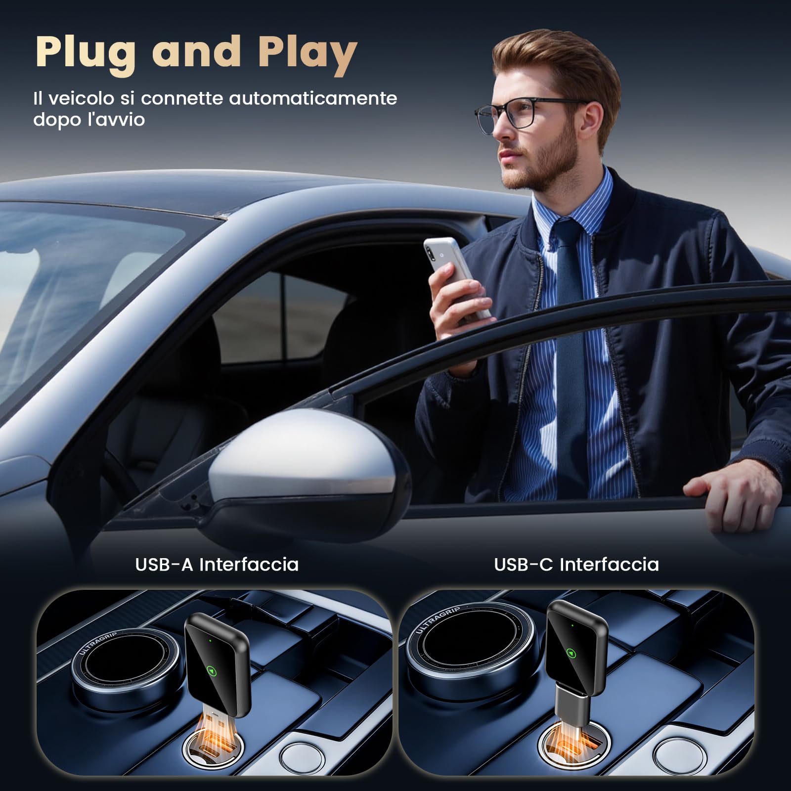 Mini adattatore wireless CarPlay 2 in 1, adattatore wireless per auto Android, Plug & Play, USB-A/C, connessione rapida stabile, compatibile con iOS 10+ e Android 11+, aggiornamento senza fili, nero