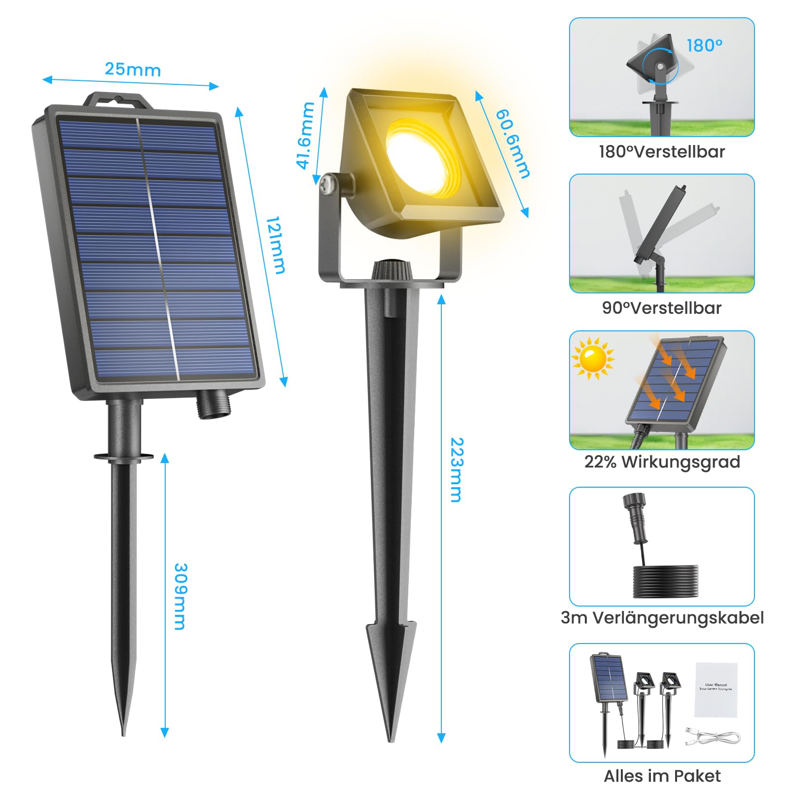 Solarlampen für Außen, Solar-Gartenstrahler mit 4 Timerstufen + 4 Helligkeitsstufen, Solarstrahler für Außen Garten, Automatisches Ein-/Ausschalten, IP65 Wasserdicht Solar Strahler Außen