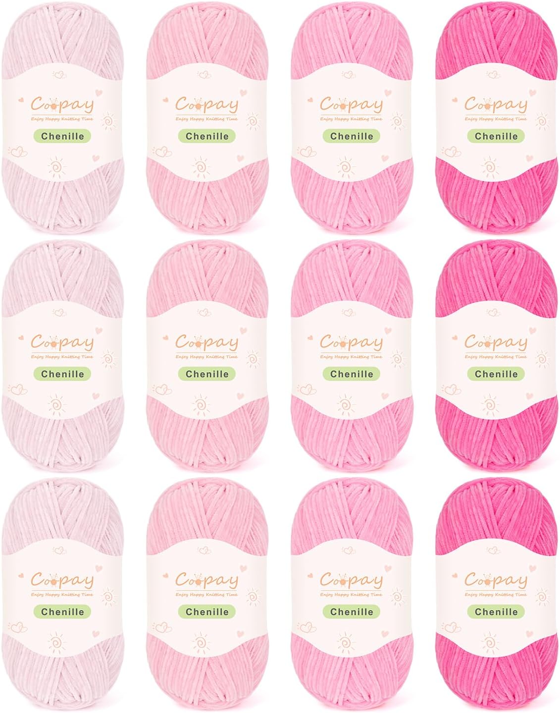 Coopay Skinny Chenille Yarn for Crocheting and Knitting, 12 Pack of 50g/1.76oz-1764yd Total, Soft Velvet Yarn of Baby Weights-Suitable for Baby Blankets, Plush Toys-Super Soft (Light Pink Gradient)
