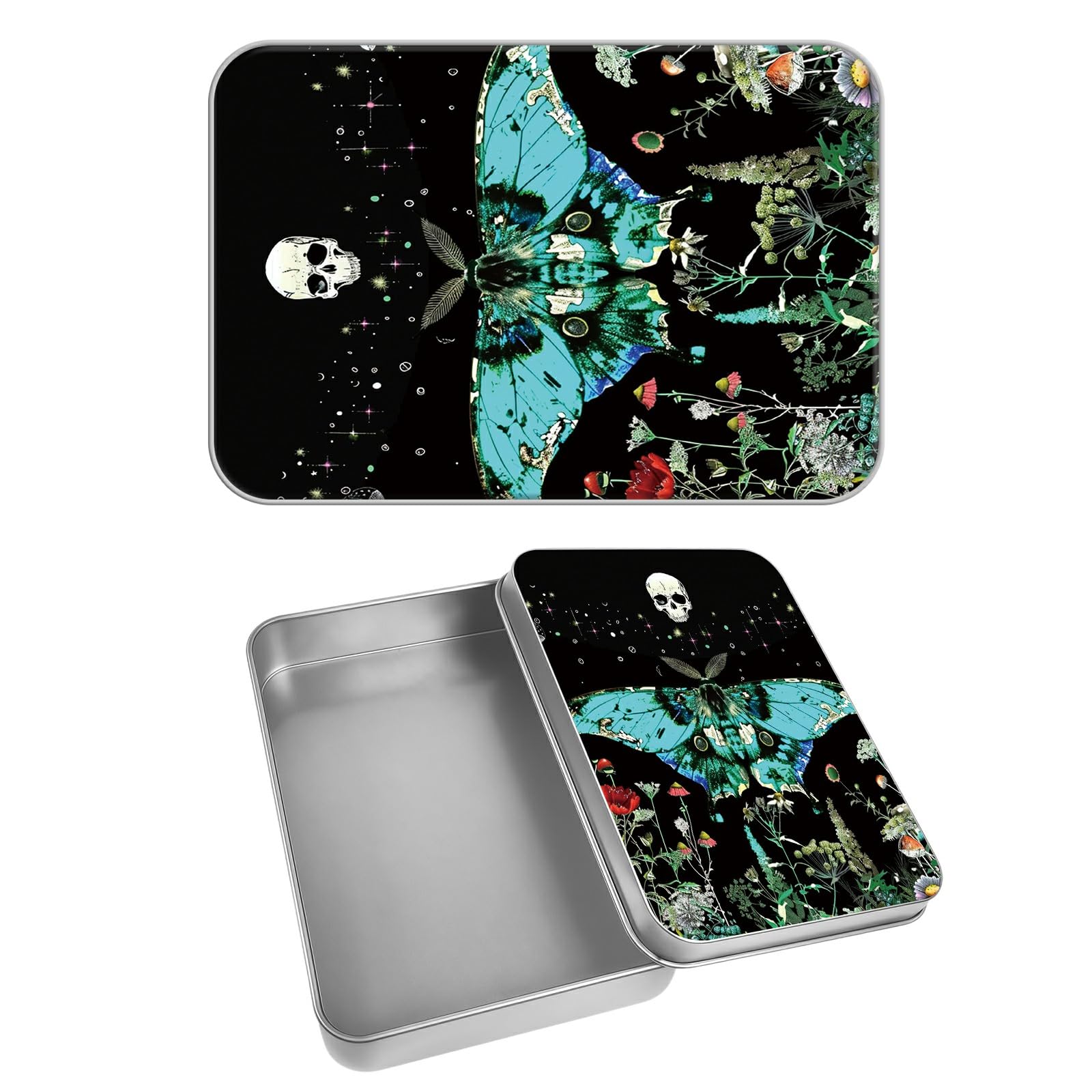 Rectangular Metal Tin Box with Removable Lid, Moon Teal Moth Decorative Printed Metal Storage Container for Cash Ticket Credit Card Check 3.46 x 2.36 x 0.7 inch– Single Pack