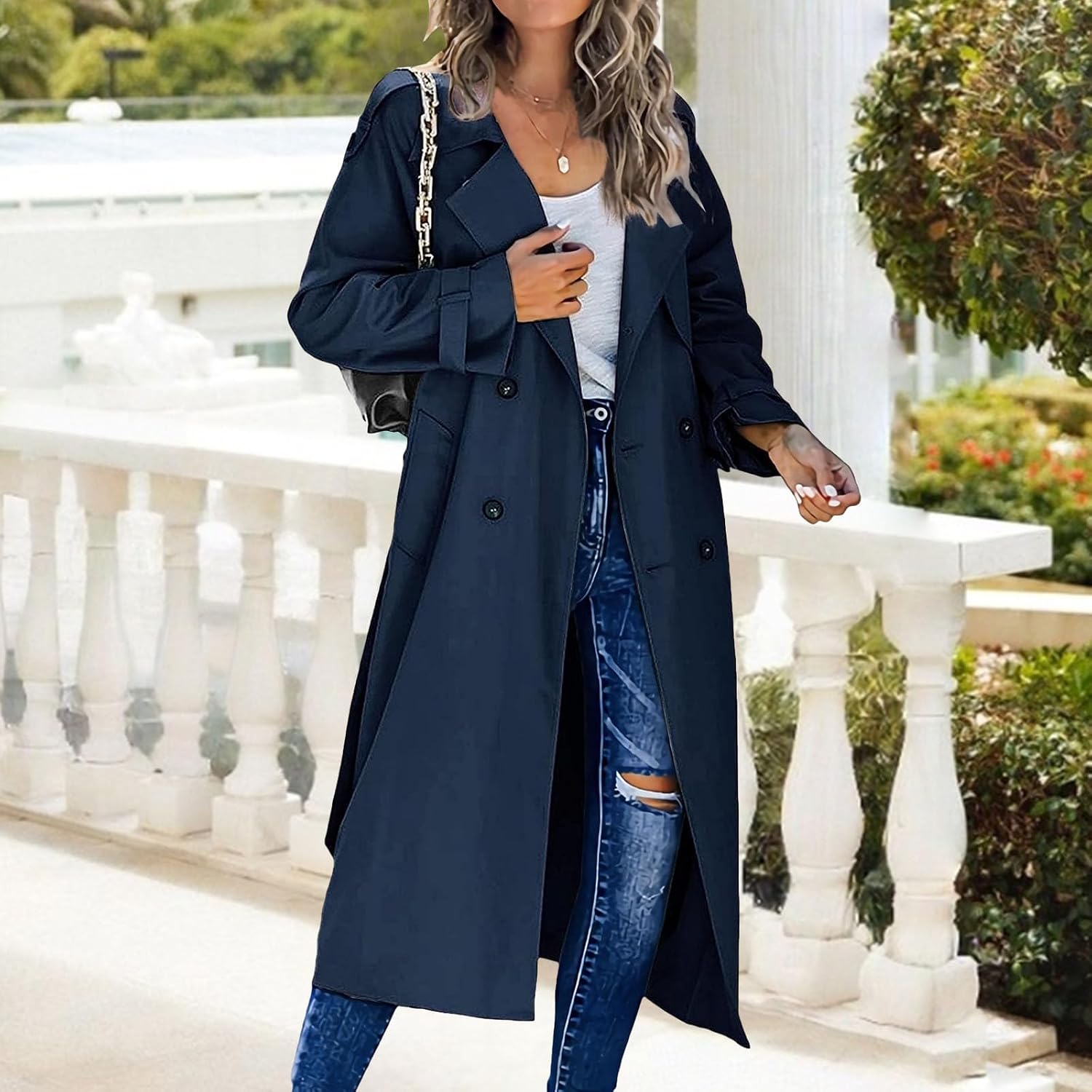 Women's Double Breasted Long Trench Coat Windproof Slim Overcoat Pea Coat