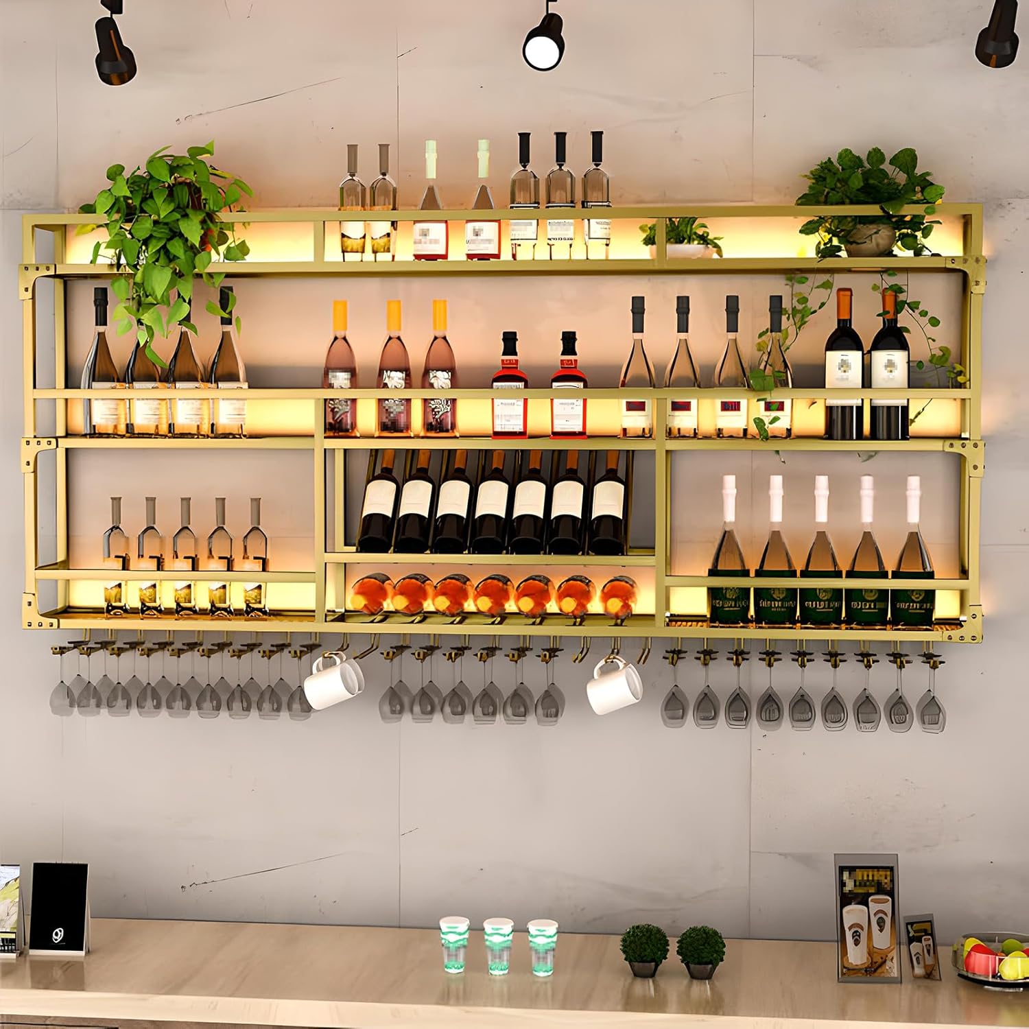 Gold Wall Mounted Wine Rack - Industrial Metal Display Stand with Glass Holder Multi-Tier Bottlefor Home Bar Stylish 100cm Wine Storage Solution