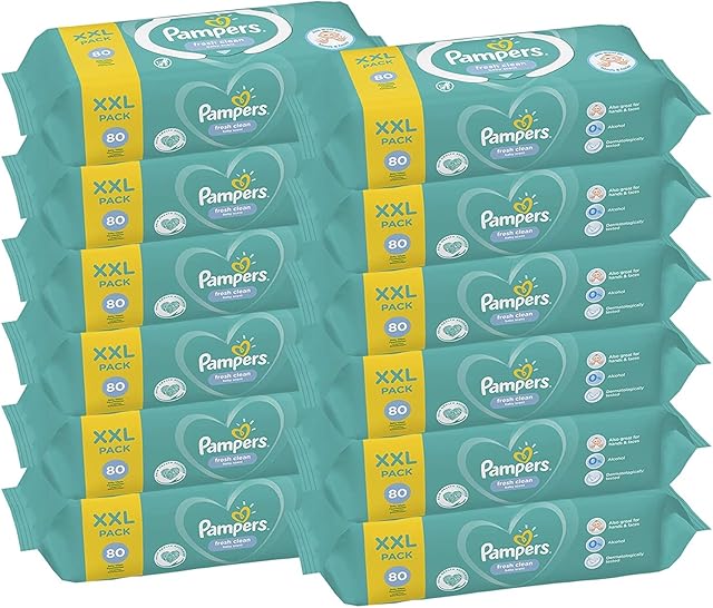 Pampers Fresh Clean Chusteczki Dla Niemowląt 960 Sztuk (12 x 80), Miesięczne Opakowanie, Delikatnie Oczyszczają Pupę, Dłonie i Twarz, Neutralny Zapach