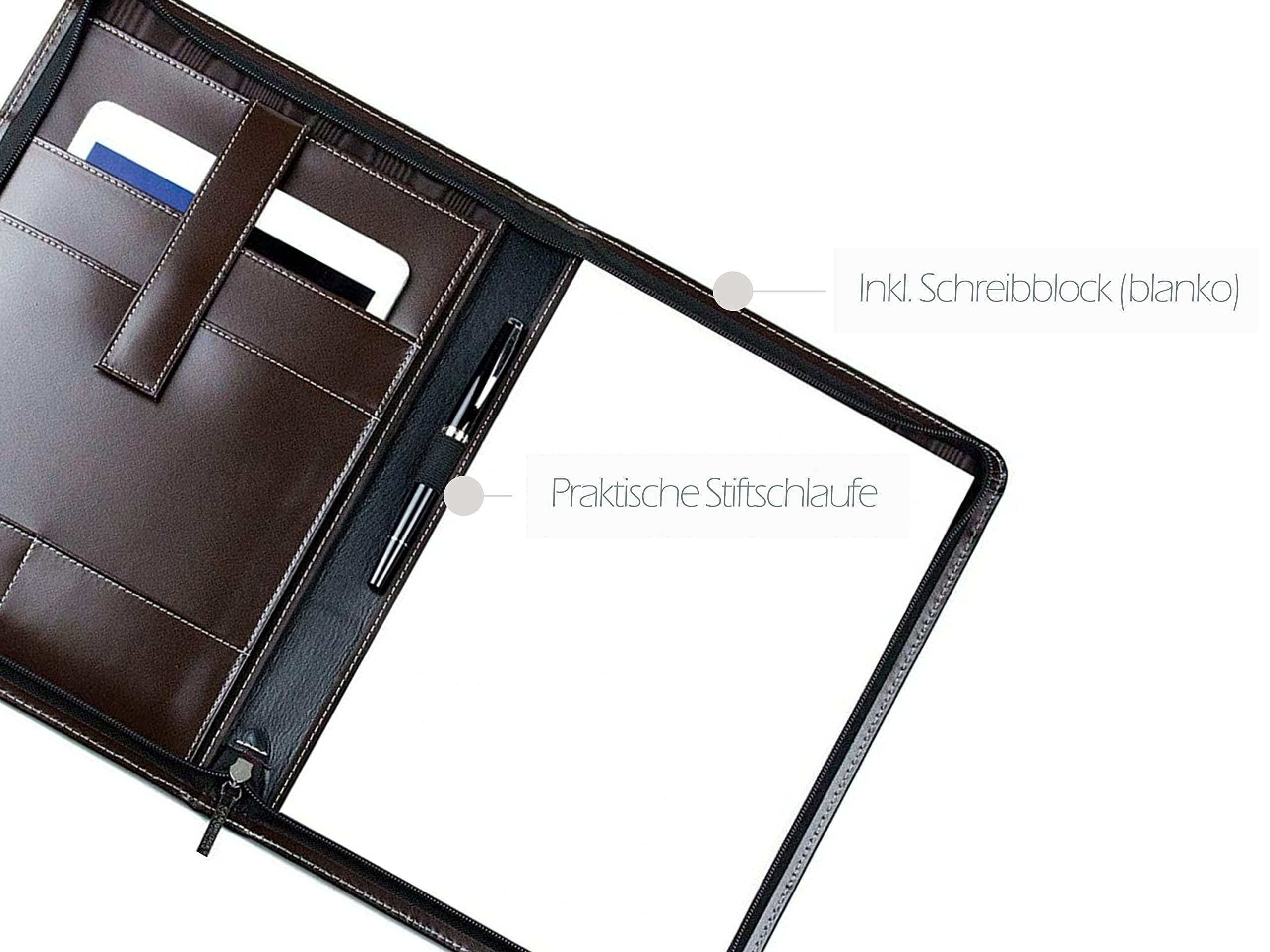 DELMON VARONE - Personalisierbare Tablet Schreibmappe DIN A4 aus Cambridge Top Grain Leder braun, Konferenzmappe mit Notizblock, Stiftschlaufe & Einsteckfächer, Besprechungsmappe mit Reißverschluss