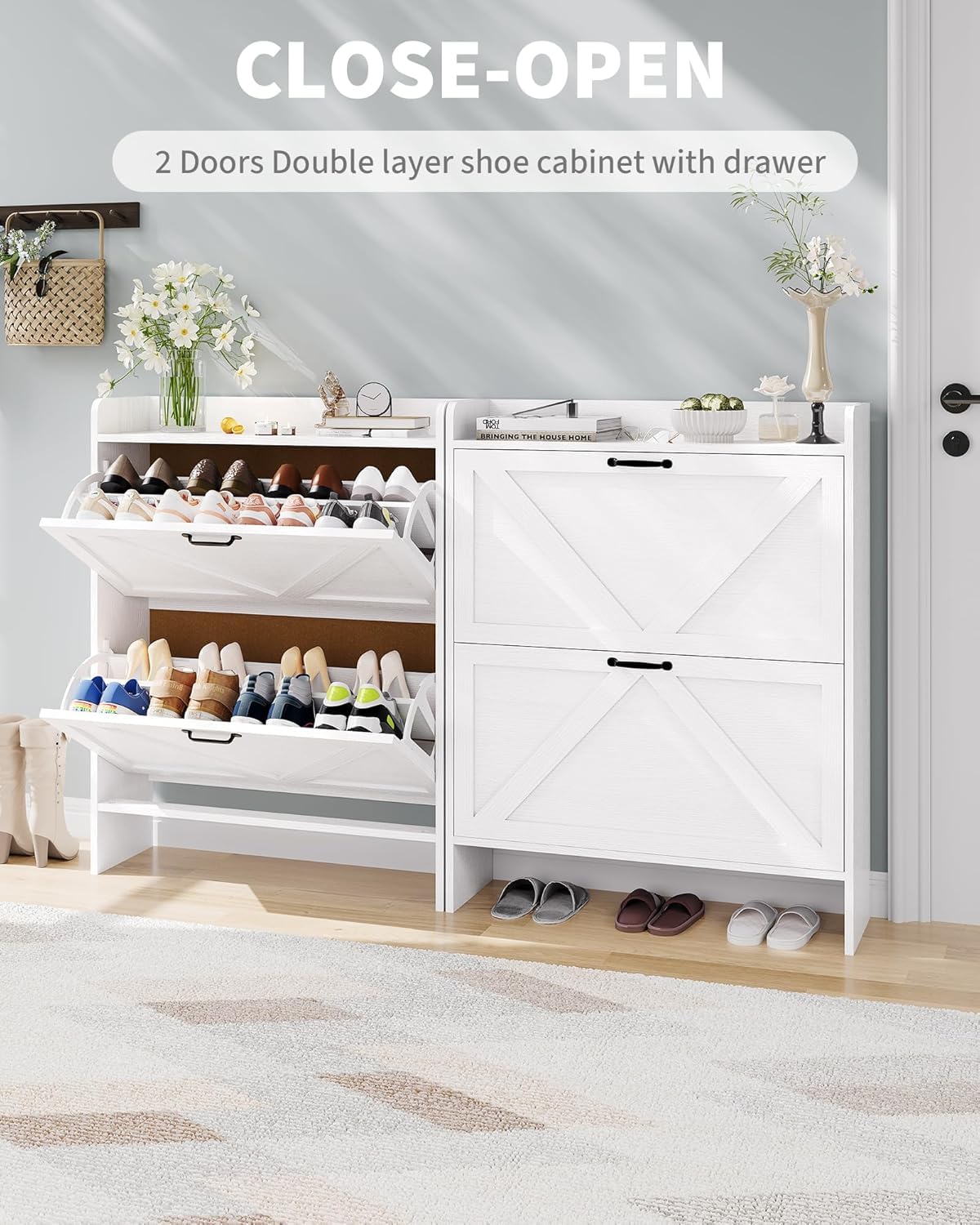 Breit 80 X24x100 Hoch cm Schuhschrank Mit 2 Klappen, Verstellbare Zweistufige Regalböden, Schmal Schuhkipper Schrank Shoe Cabinet für Flur, Weiß
