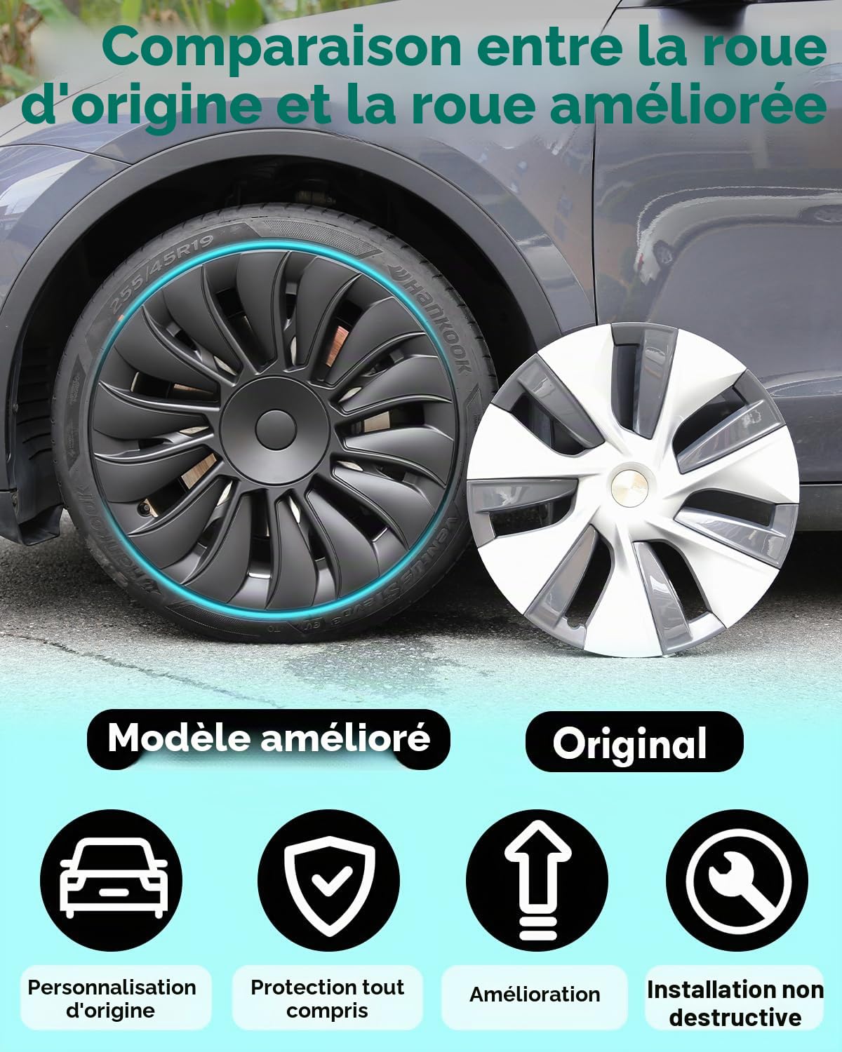 Couvre-moyeux de 19 pouces pour modèle Y, ensemble de 4 protège-moyeux de remplacement, compatibles avec Tesla modèle Y (sans distinction entre gauche et droite)