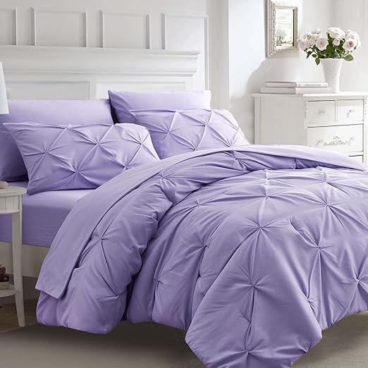 Ubauba 7pc King Size Comforter Set with Sheets, All Season Pintuck 7 Piece Bedding Sets Light Purple, Pinch Pleating Bed in a Bag Set with Comforters (Lavender,King)