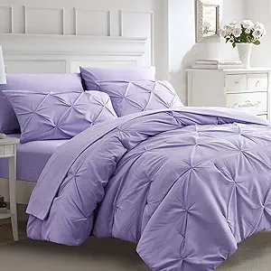 Ubauba 7pc King Size Comforter Set with Sheets, All Season Pintuck 7 Piece Bedding Sets Light Purple, Pinch Pleating Bed in a Bag Set with Comforters (Lavender,King)