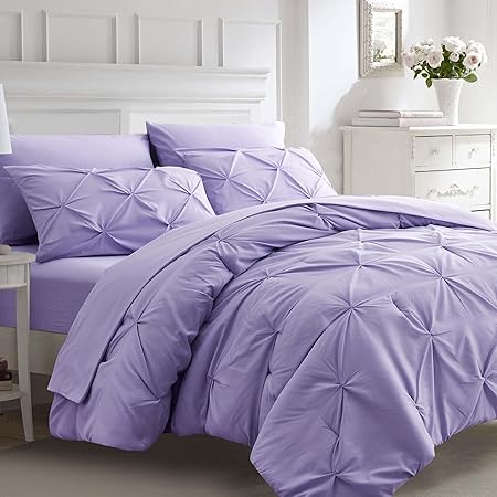 Ubauba 7pc King Size Comforter Set with Sheets, All Season Pintuck 7 Piece Bedding Sets Light Purple, Pinch Pleating Bed in a Bag Set with Comforters (Lavender,King)