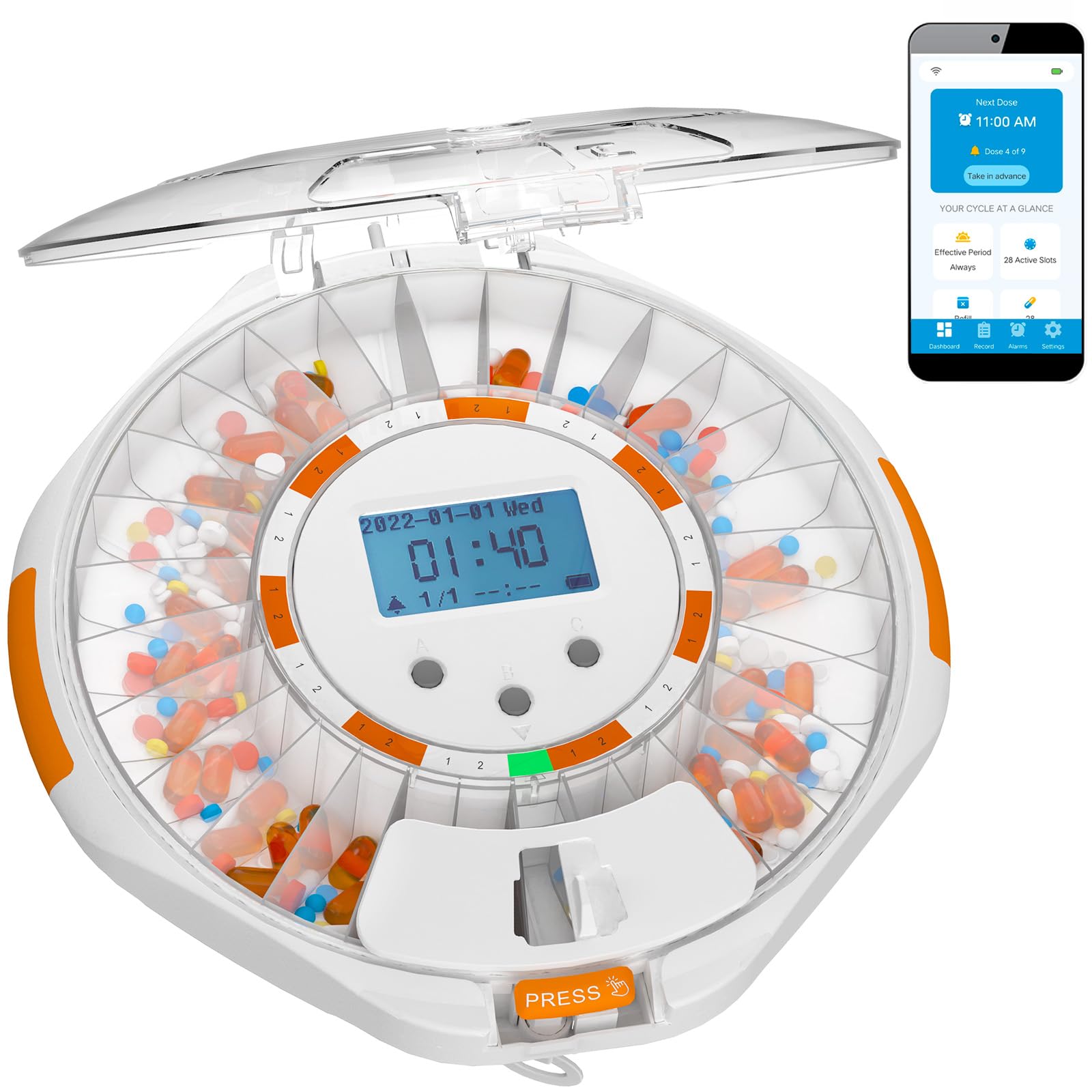 TimelyMed Smart Pill Dispenser Machine with Alarm + WiFi App Monitoring + 28 Day Medicine Dispenser + Automatic Pill Dispenser for Elderly with Alarm & Alzheimers Care + Lock Key + New