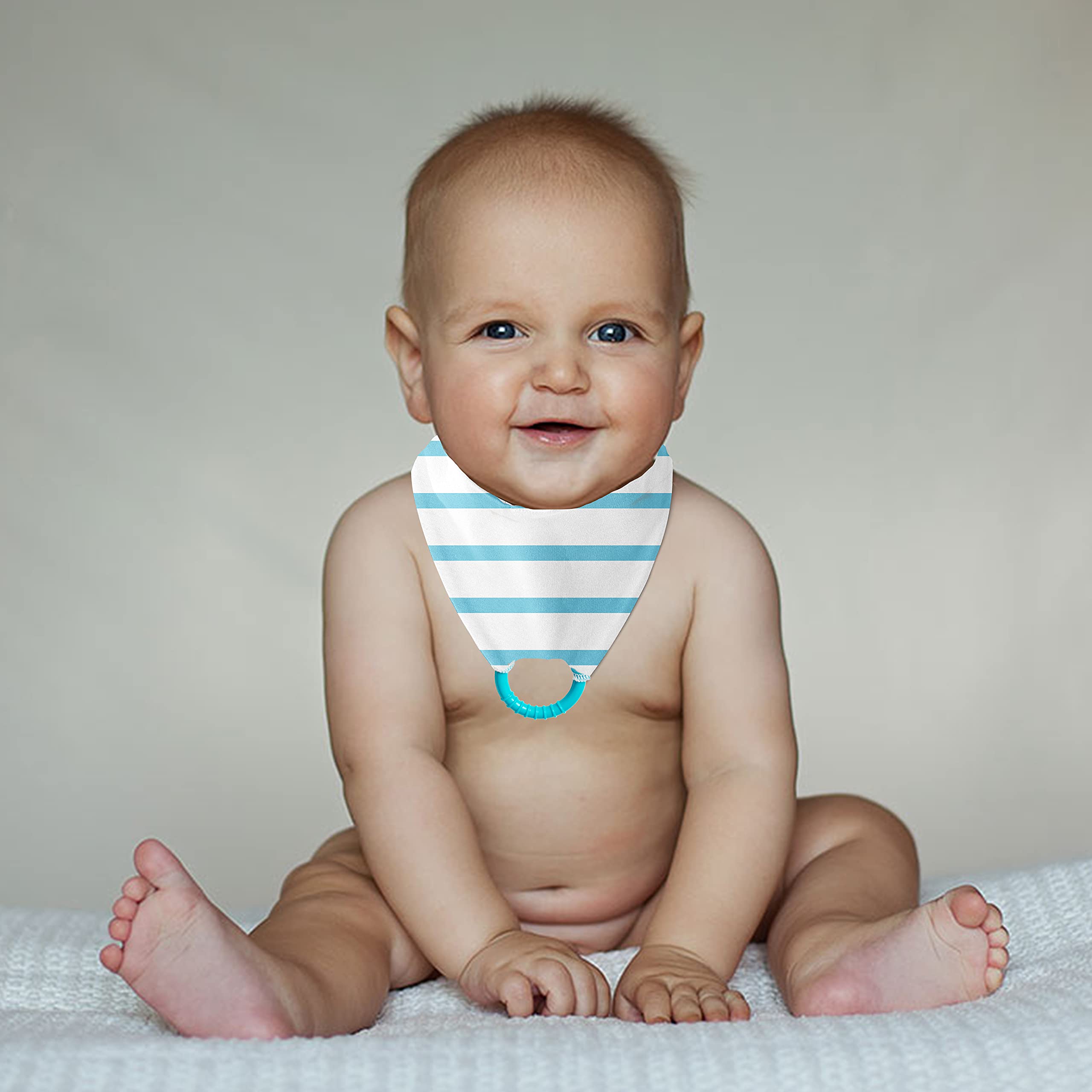 BeeBaby Super Absorbent & Soft Bandana Bib with Snap-On Teether. 100% Waterproof & Washable. (Blue & White - Stripes) 3M+ 1