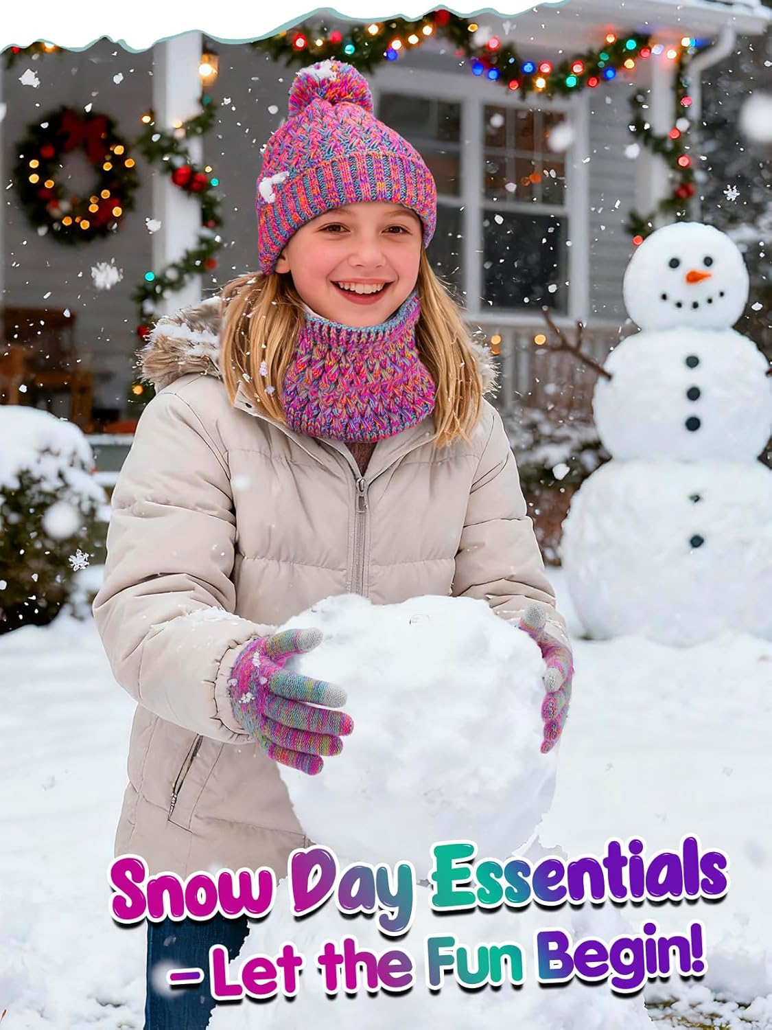 Hat and Gloves for Girls - Teenage Winter Warm Soft Beanie Scarf Gloves Set with Pompom, Girls Gifts, Purple Red Mix - Image 4