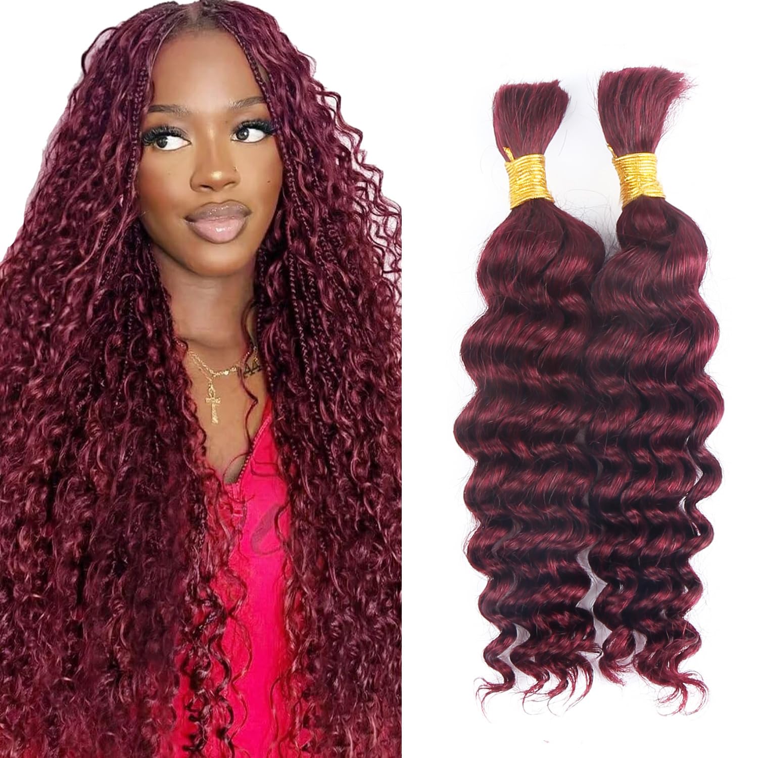 Boho Braids Human Hair Extensions 100g 20 Inch Deep Wave Bulk No Weft Bundles 12A Unprocessed Knotless Bohemian Curly Human Braiding Hair Extension for Women 2 Bundles/Pack Burgundy 99J