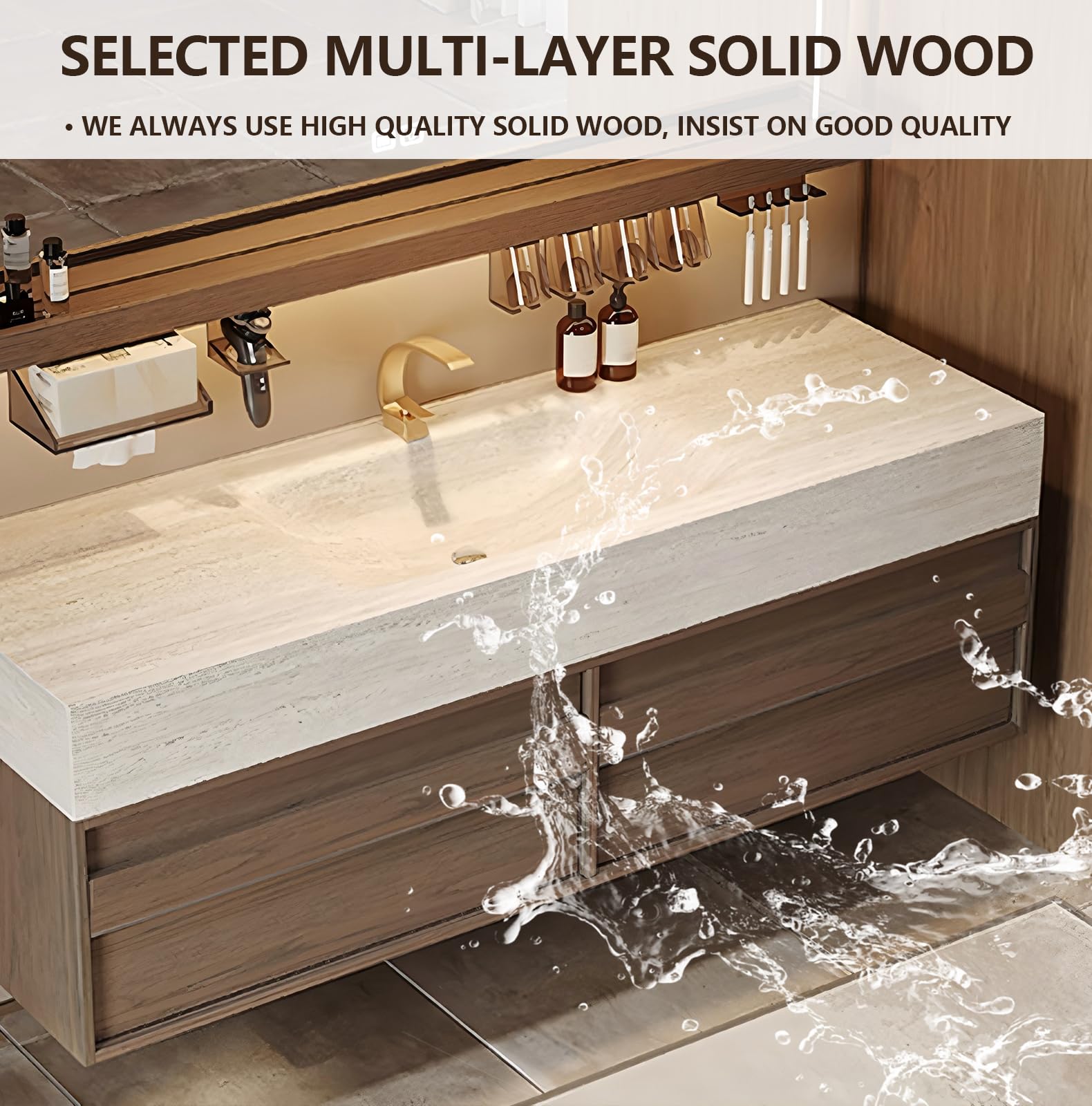 Moderno juego de tocador de baño de 64 pulgadas con espejo antivaho inteligente, parte superior de pizarra gruesa y fregadero de cerámica, montado en la pared, combo de madera maciza multicapa