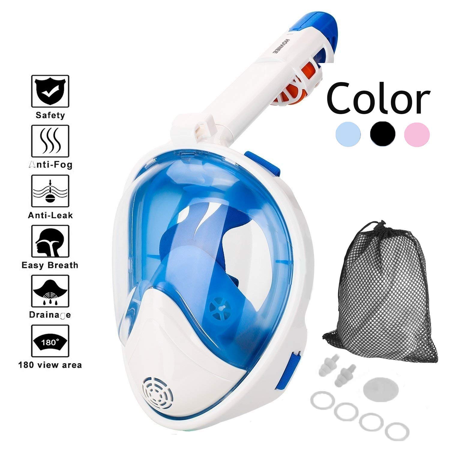 HOVNEE Snorkel Mask Full Face Swimming Mask with Detachable Action Camera Mount, 180°View Easy Breath Anti-Fog and Anti-Leak Dry Top Diving Set