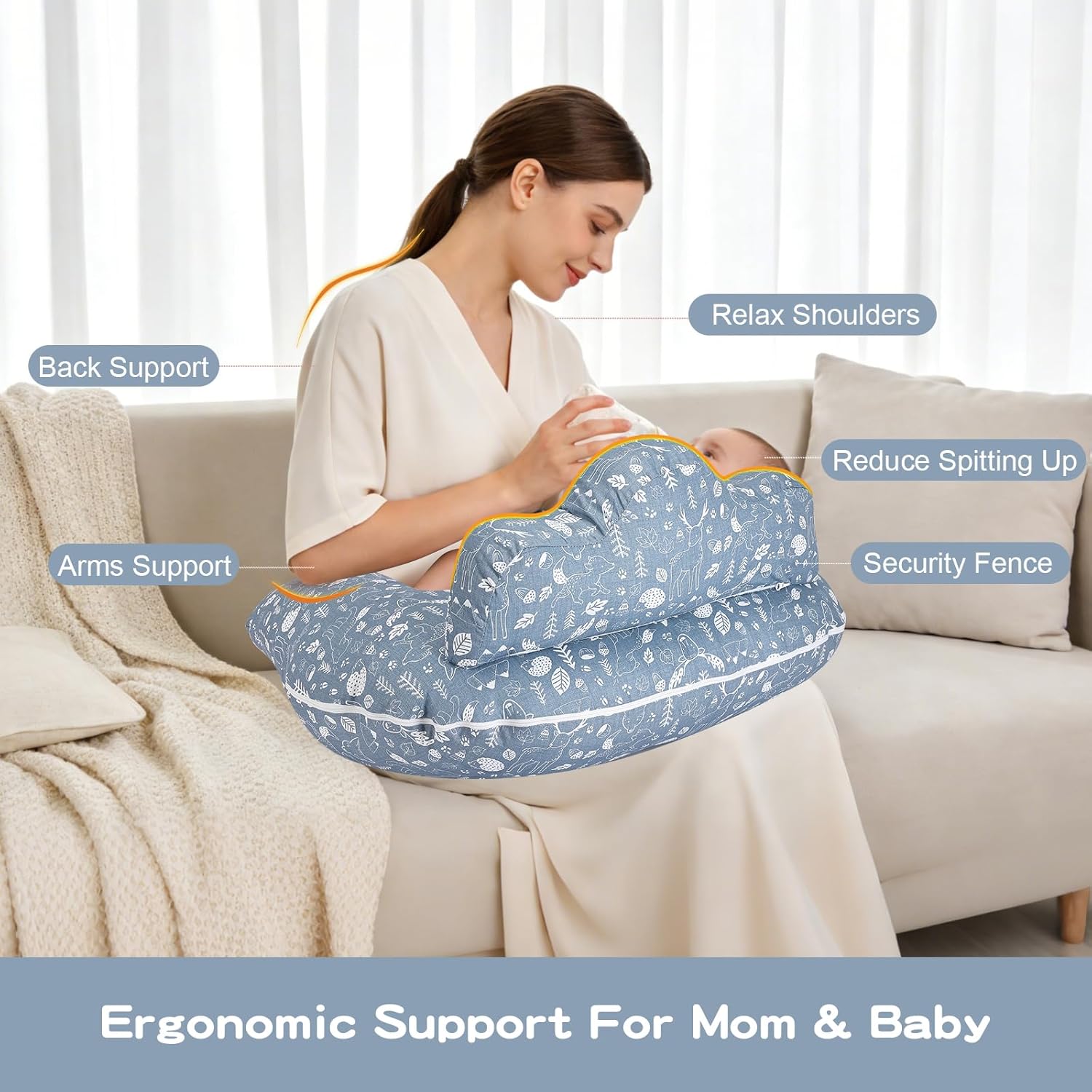 Ergonomic Nursing Pillow with Security Fence for Enhanced Support & Comfort, Breastfeeding Pillow with Removable Cotton Cover - Adjustable Waist Strap for Mom & Baby(Grey Moose)