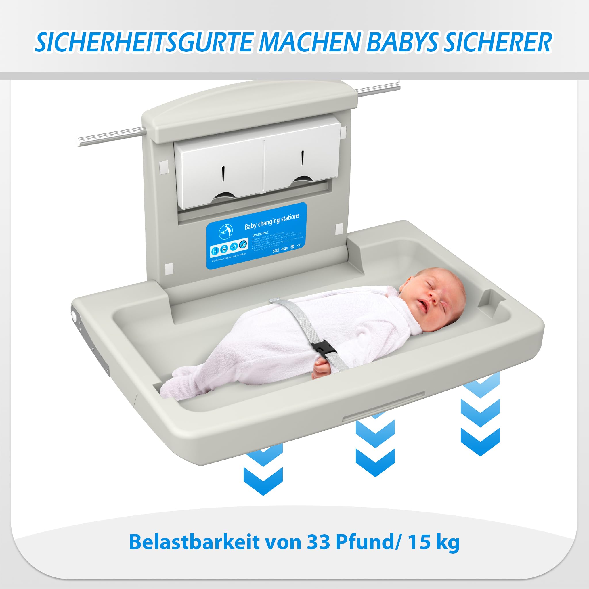 Wickelkommode Wandmontierter HDPE, Baby Mobiler Wickeltisch klappbar mit Sicherheitsgurt, Ablagefächer, Haken, 85x57x47 cm für Zuhause Einkaufszentrum, Gewichtskapazität 33 lbs/ 15kg