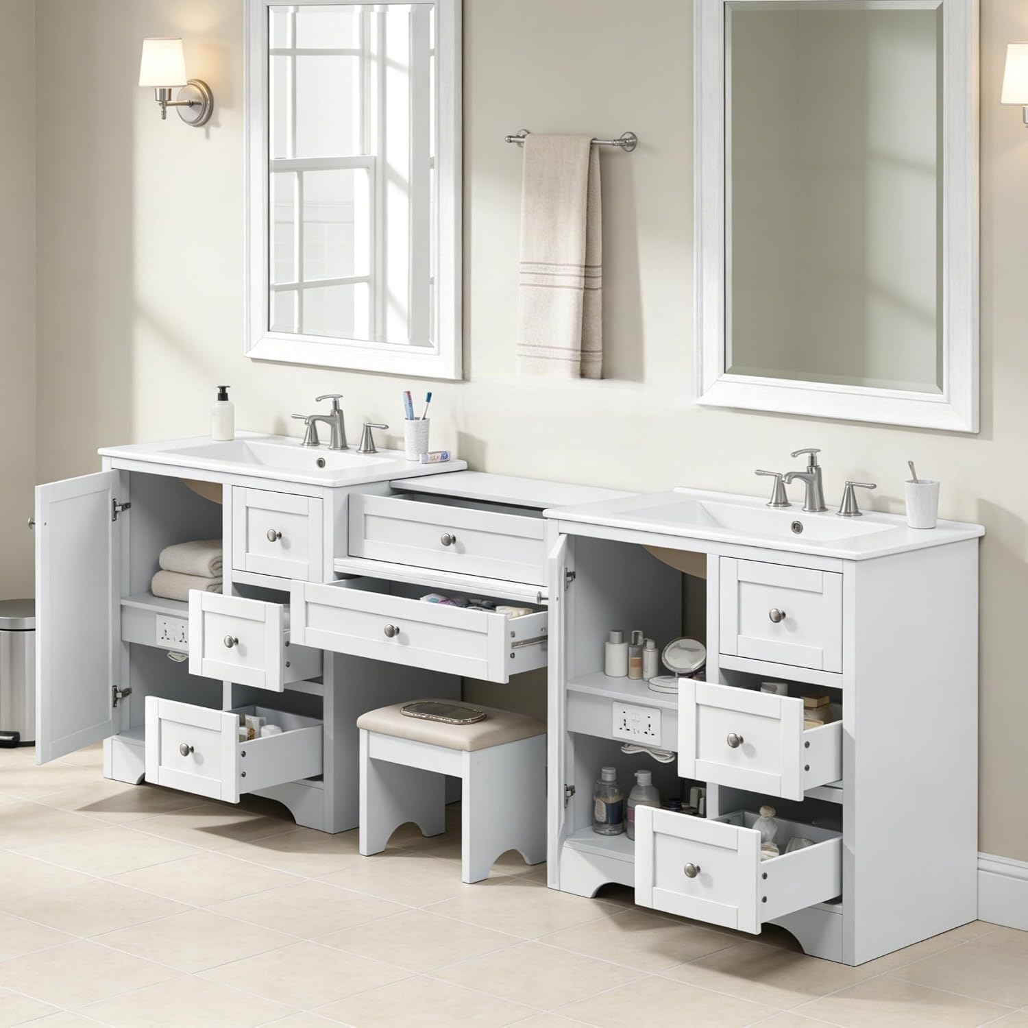 Virubi 84" Double Sink Bathroom Vanity with Double Sink,Power Outles and Soft Closing,Solid Wood & MDF Bathroom Sink Cabinet with Makeup Vanity Desk, Drawers (White,84 Inch)
