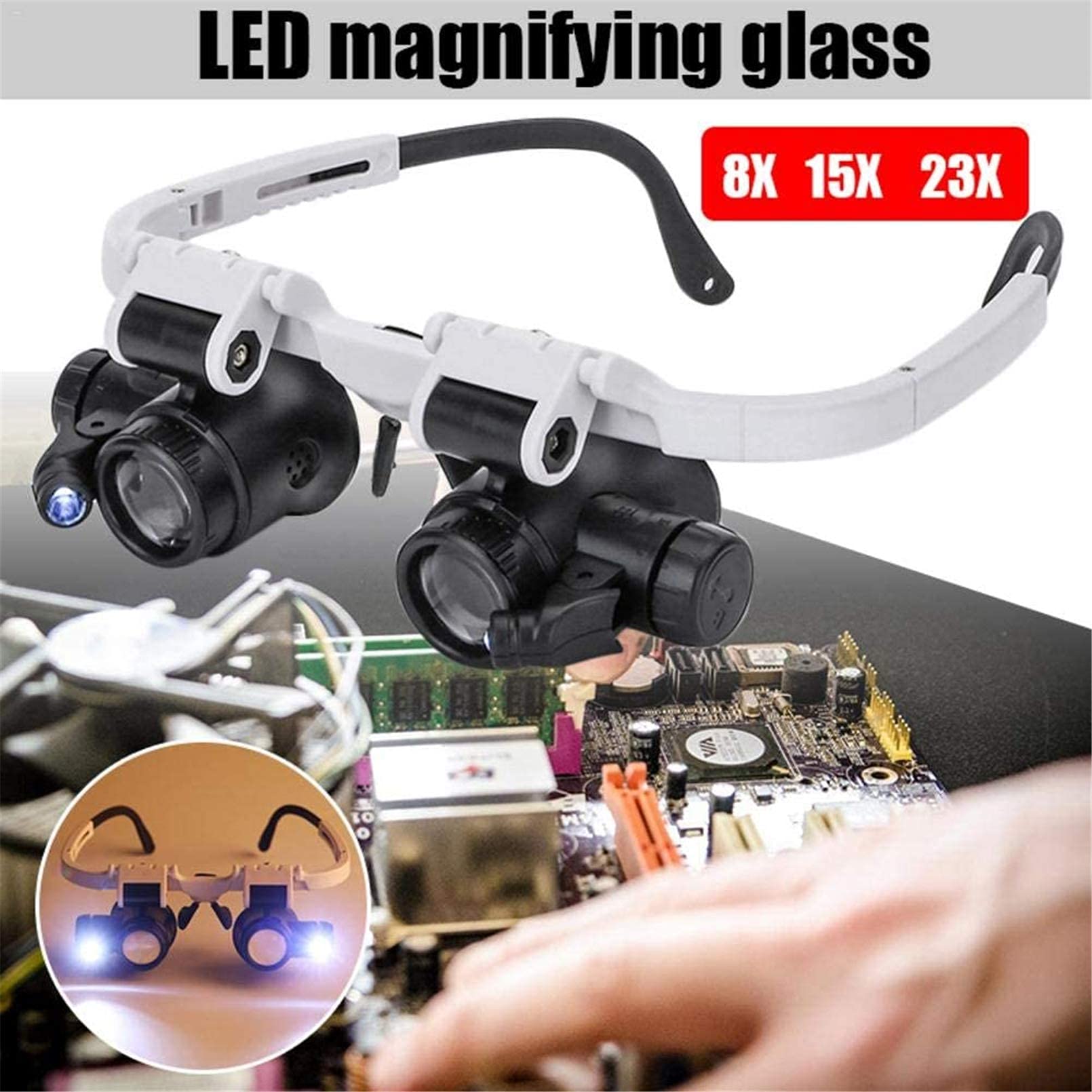 Stirnbandlupe, Handlupe, Kopflupe, Stirnbandlupe Mit LED-Beleuchtung 8X, 15X, 23X Lupe Für Uhrmacher, Schmuckhersteller.